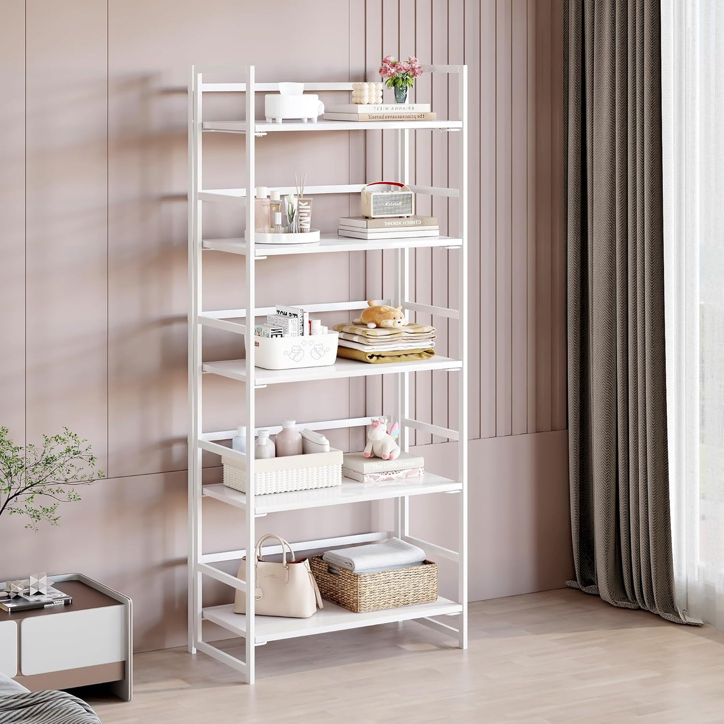 BHG Vintage Multifunctional Folding Bookshelf, No-Assembly Plant Stand Storage Rack Shelves for Home Office (All White, 5-Tier)