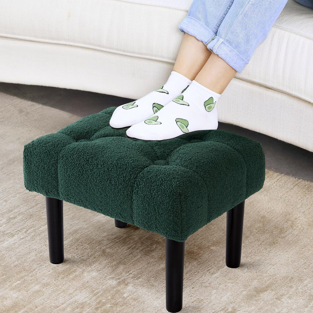 HOUCHICS Fur Padded Foot Stool, Small Ottoman Rest with Wooden Legs, Modern Rectangle Chair Rest for Living Room, Couch, Desk (Green)