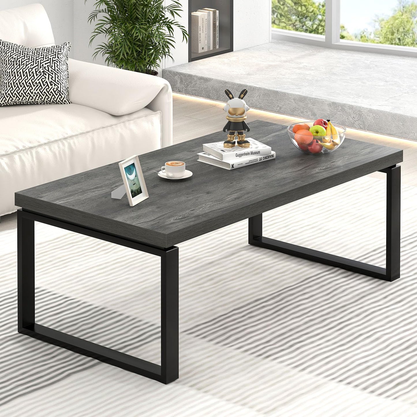 EXCEFUR Modern Coffee Table, Rustic Wood and Metal Center Table for Living Room, Industrial Rectangle Cocktail Tea Table for Home Office, Vintage Grey, 47 Inch