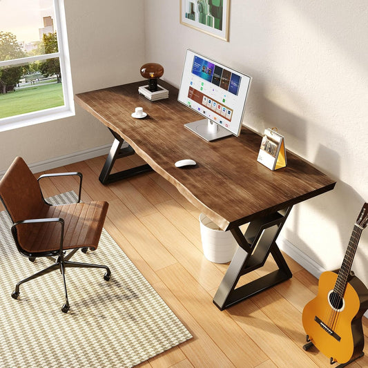 Rustic Brown 55-inch Solid Wood Computer Desk - Modern Gaming Workbench for Home Office, Modern Simple Design, Ideal for Study, Writing, Dining