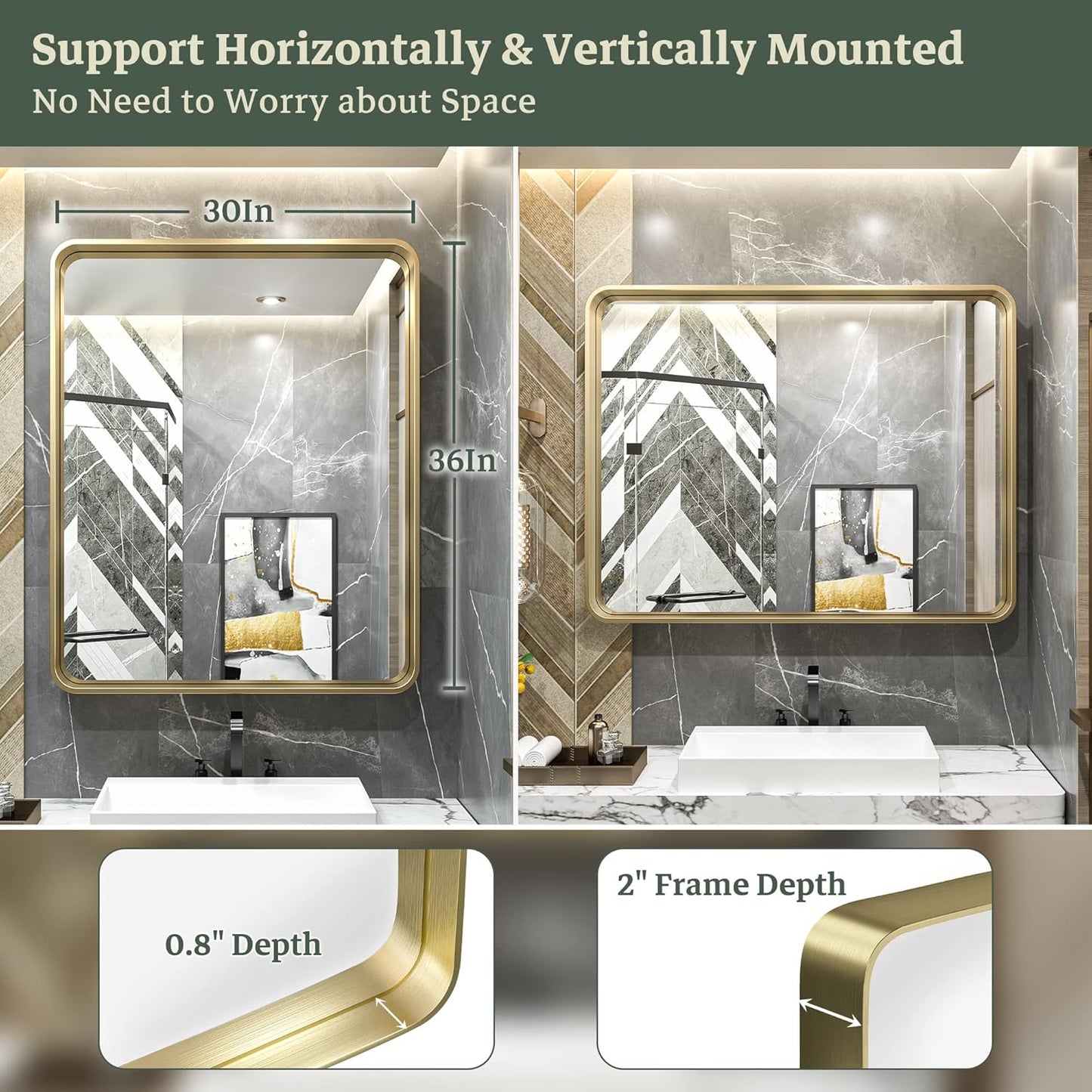 TokeShimi Gold Bathroom Mirror for Wall 30 x 36 Inch Metal Rounded Corner Rectangle Mirror Metal Frame Deep Set Design Hangs Horizontal Or Vertical