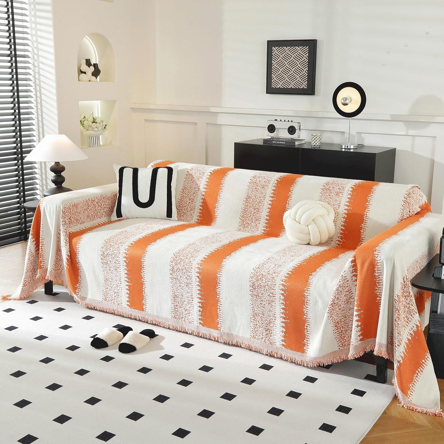 LUFEIJIASHI Boho Couch Covers for Sofa Non Slip Sofa Covers Washable Couch Covers for 3 Cushion Couch Sofa Pet Friendly Sectional Couch Cover Blanket Furniture Protector for Dogs (Orange, 71"x134")