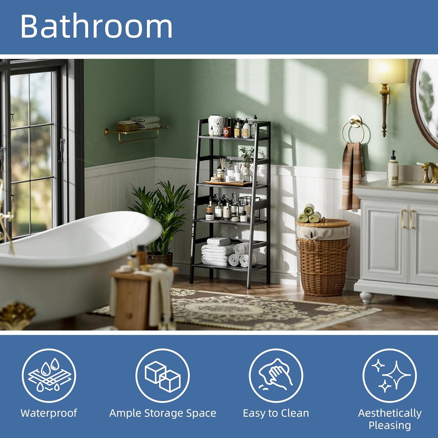 HITNET Black Bookshelf, 4-Tier Ladder Shelf, Freestanding Leaning Bookcase with Bamboo Shelves, Space Saving Flower Plant Stand for Small Space