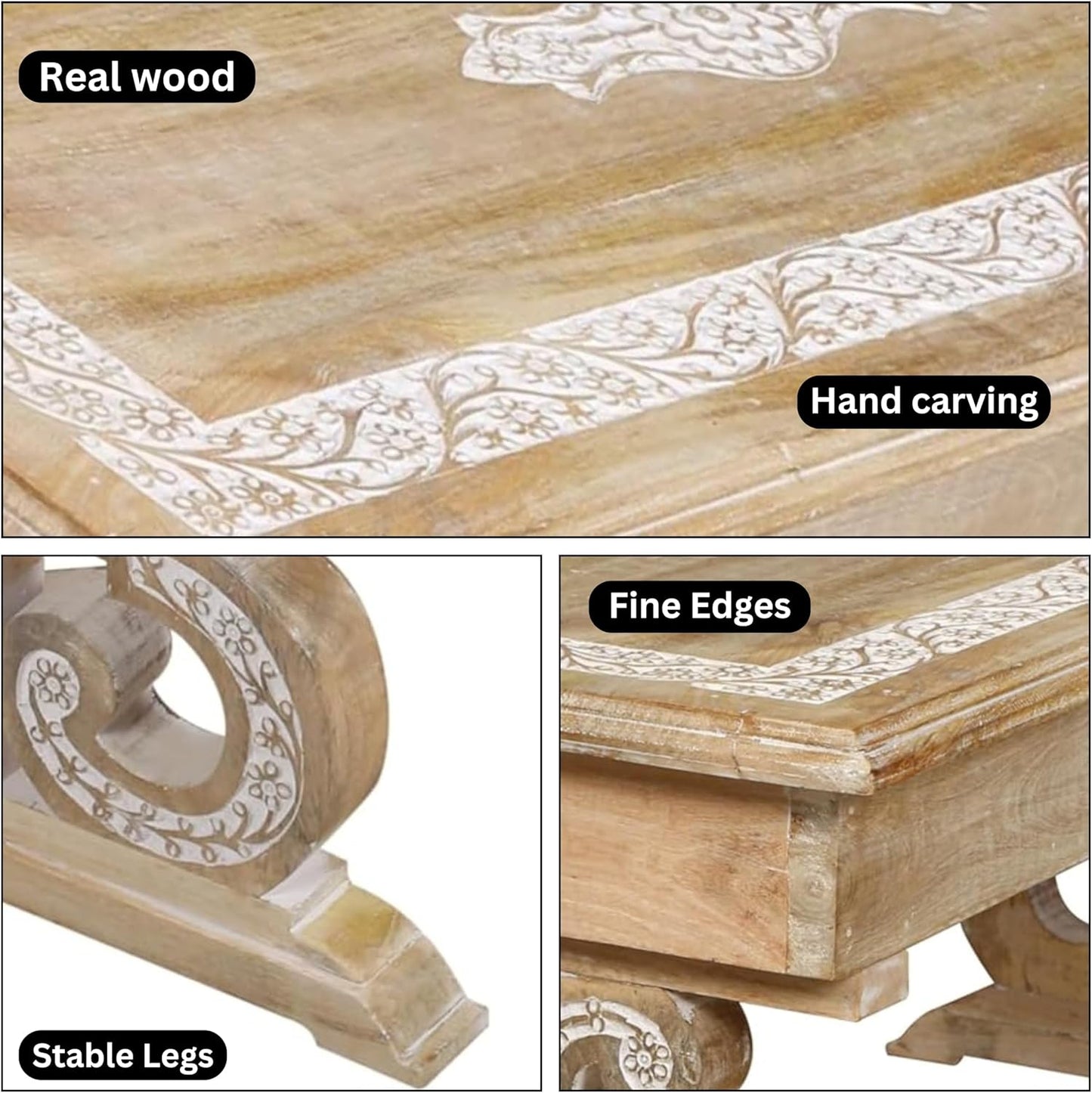 Lightnpro Mango Wood Rectangular Coffee Table - Living Room Center Table, Rustic Vintage Charm, Eco-Friendly Furniture, Reclaimed Wood - 40x18 Inch White Wash Finish