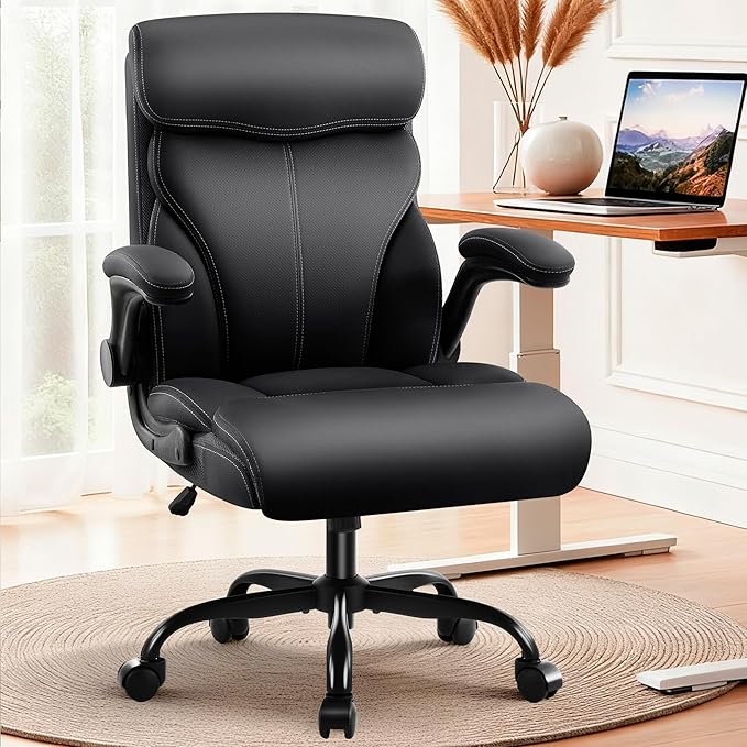 Office Chair - Executive High Back Breathable Comfy Desk Chair with Lumbar Support - Ergonomic Leather Rolling Swivel Computer Chair with Rock Function for Working Studying Gaming Relaxing