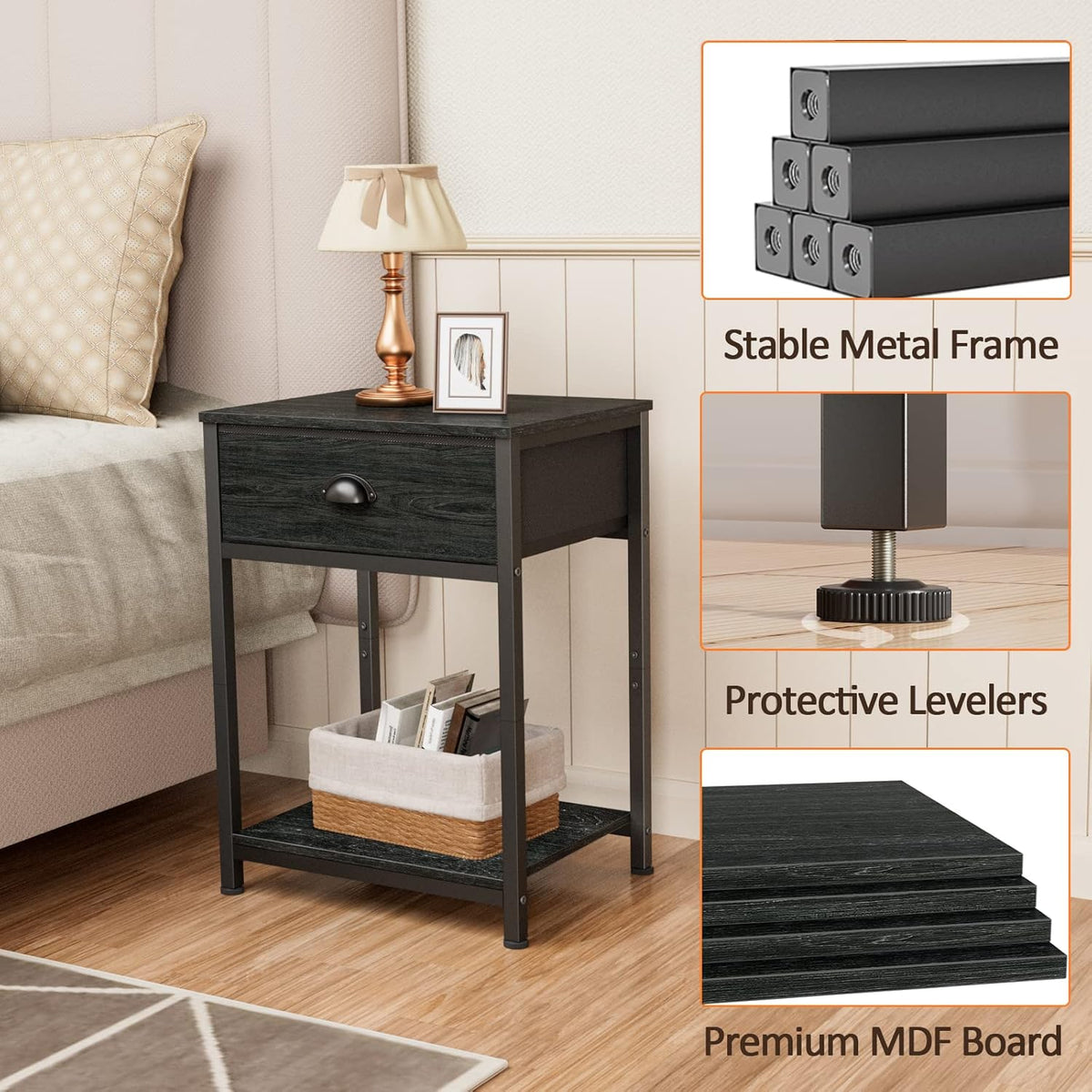 Nightstands Set of 2, Industrial End Table with Fabric Drawer&Storage Shelf, Small Bedside Table Organizer for Small Space for Living Room, Tall 23.6" Night Stand for Bedroom, Black Oak