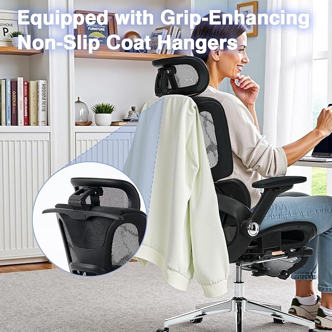 Ergonomic Office Chair with Footrest, High Back Desk Chair Computer Gaming Chairs with 4D Armrests, Adjustable 3-Zone Dynamic Lumbar Support, Ergonomic Mesh Chairs with Wheels, Black