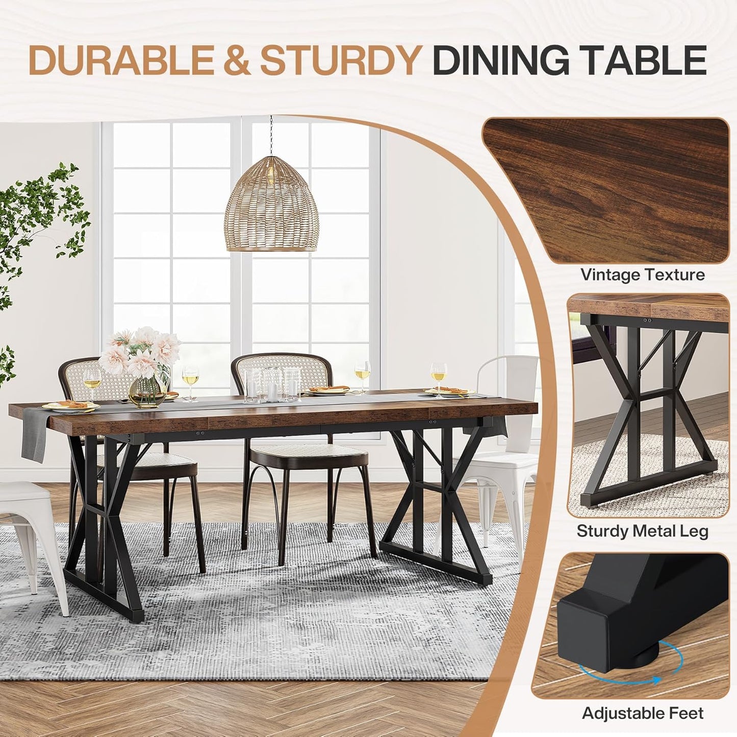 Tribesigns Farmhouse Dining Table for 6 People, 70.8-Inch Rectangular Wood Dining Table, Rustic Kitchen Table with Heavy Duty Metal Legs for Dining Room