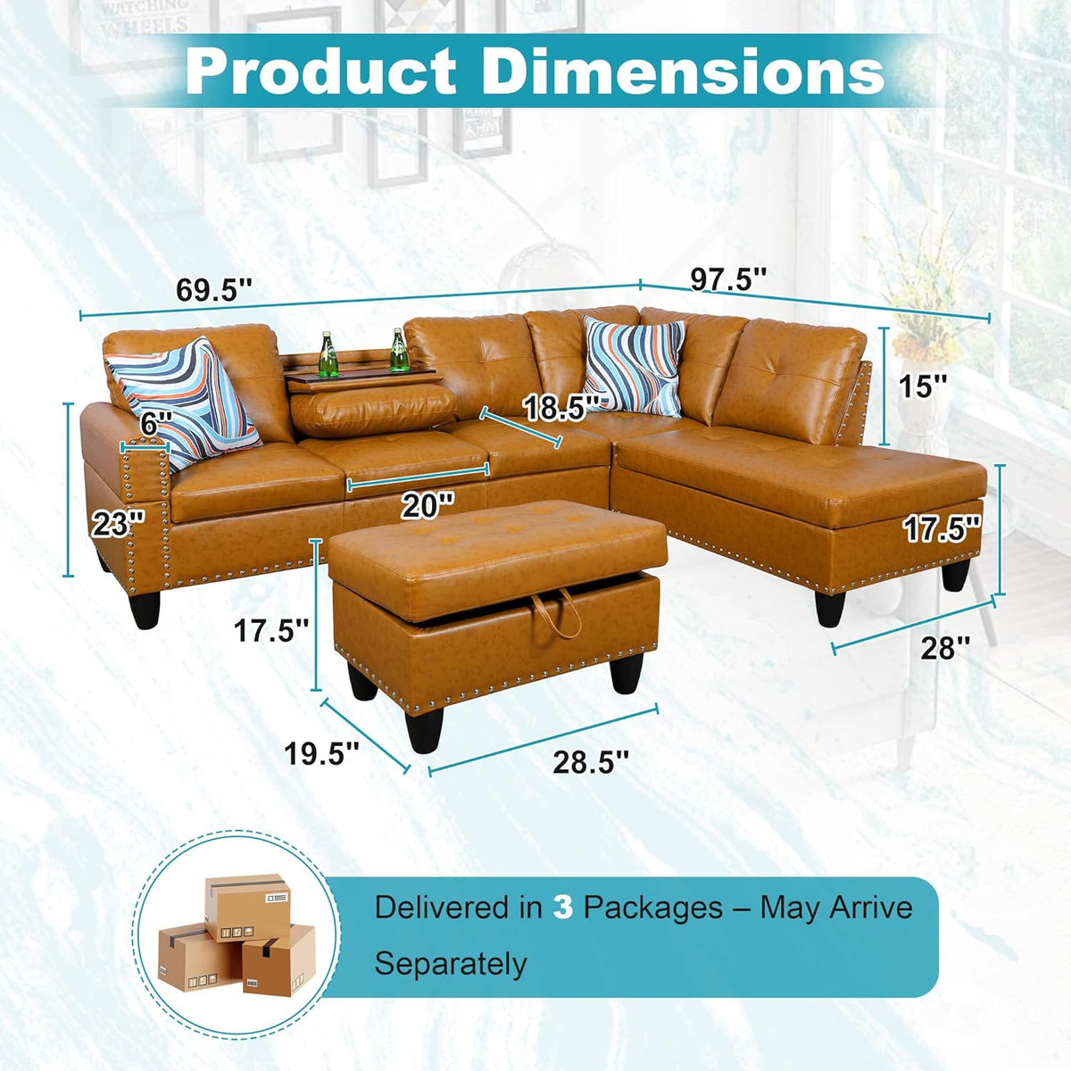 97.5" Oversized Sectional Couch, L Shaped Couch with Storage Ottoman, Modern Modular Sofa with Deep Seat, Sectional Couches for Living Room and Office, Ginger (PU Leather)