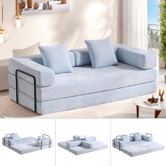 Convertible Sofa Bed, Compression Futon Sofa with Pillows & Armrest, Foldable Mattress Couch with Fixed-Shape Frame, Comfy Couch Lounge Sleeper Bed for Living Room Bedroom, Light Blue