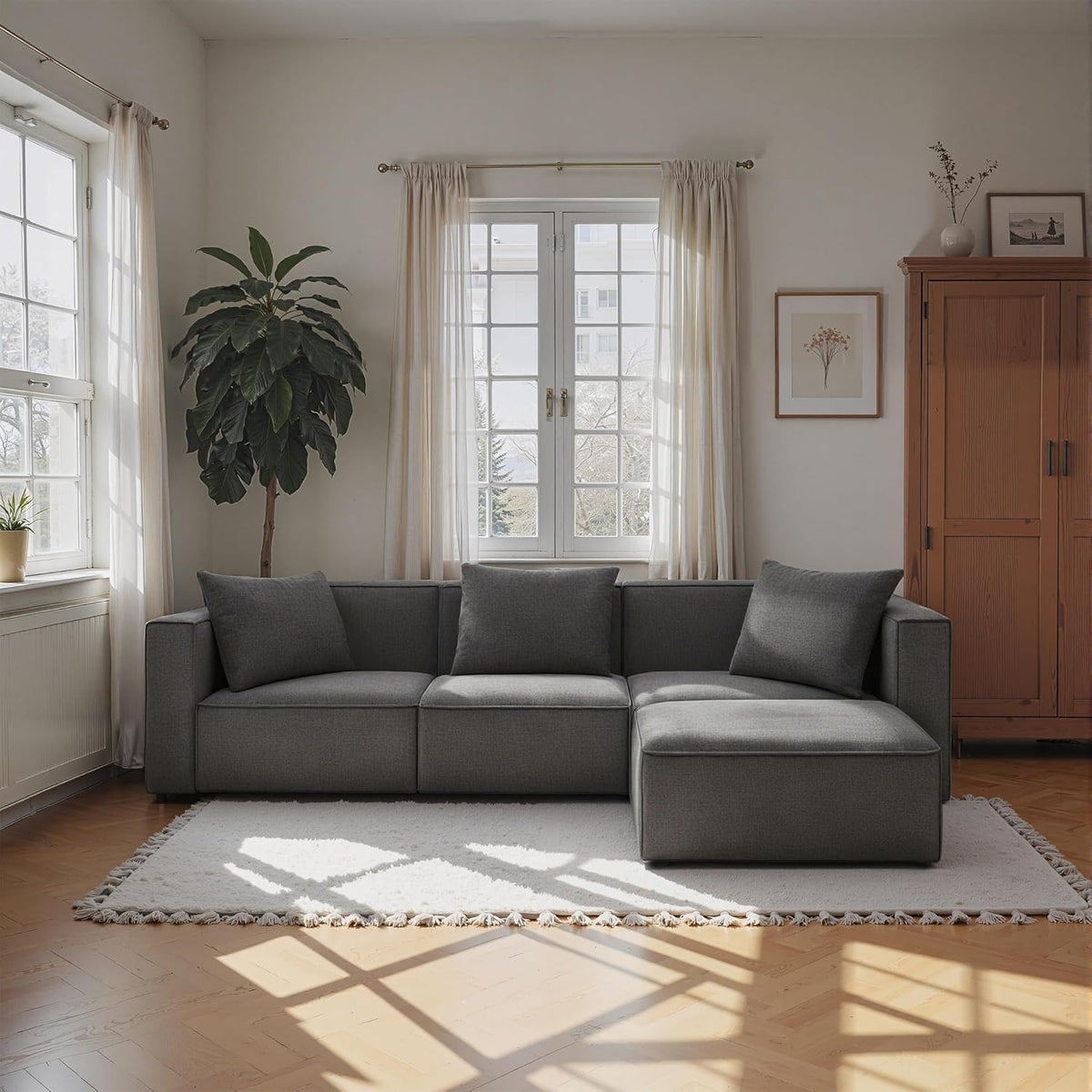Acanva Luxury Modular Sectional Living Room Sofa Set, Modern Minimalist Style Couch with Ottoman and Chaise, L-Shape, Dark Grey