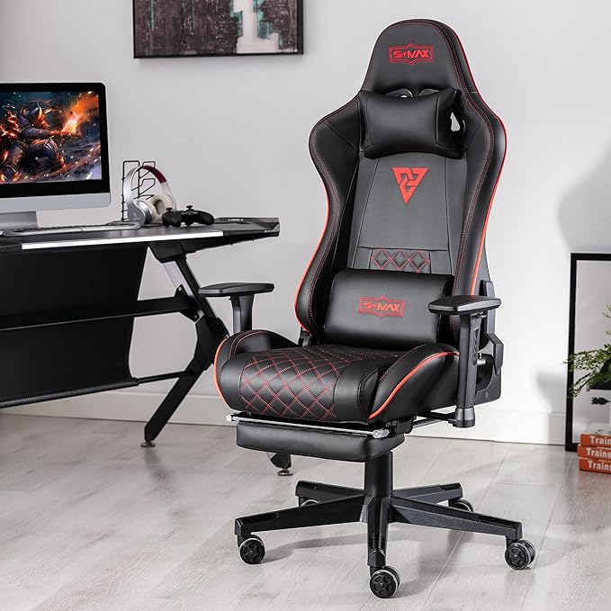 S*MAX Gaming Chair with Footrest Thicken Seat Black Gaming Chairs with 3D Armrest Gamer Chairs PU Leather Headrest and Lumbar Support High Back Gamer Chairs for Adults