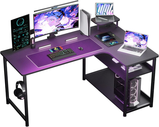 GTPLAYER L Shaped Gaming Desk, Carbon Fiber Style Computer Desk with Monitor Shelf and Hook, Black Small L Shape Desk with Adjustable Open Storage Shelf, Corner PC Table for Small Space Home Office