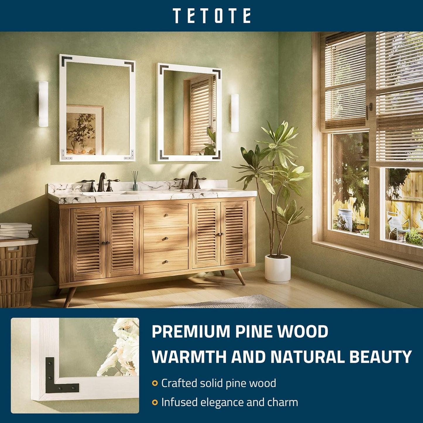 TETOTE 24 x 32 White Wood Mirror for Bathroom Wall/Bedroom/Living Room/Entryway Farmhouse Rustic Wall Mirror for Over Sink Waterproof (Horizontal/Vertical Mounted)