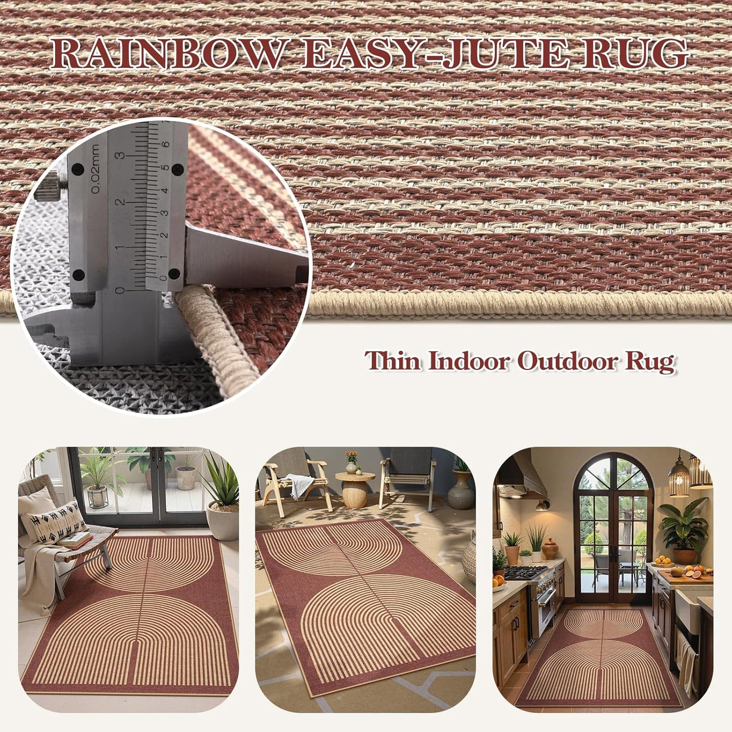 Lahome Modern Rainbow Easy Jute Patio Rug, 3x5 Washable Entry Way Rugs Indoor for Living Room Dorm, Farmhouse Red Indoor Outdoor Carpet for Entryway Deck Porch