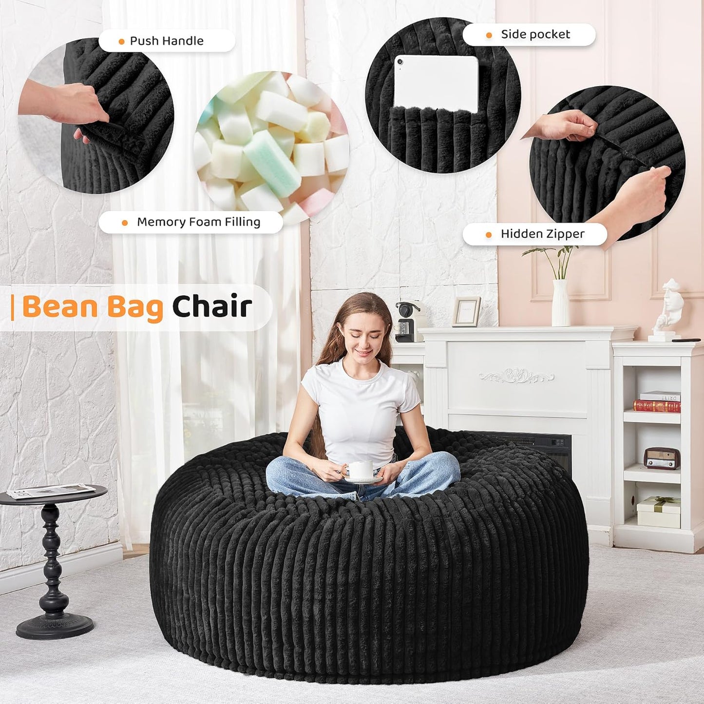 HABUTWAY 4FT Bean Bag Chair, 4' Large Bean Bag Chairs for Adults with Removable Stripe Plush Cover, Memory Foam Beanbag Chair for Living Room Bedroom Dorm (Black)