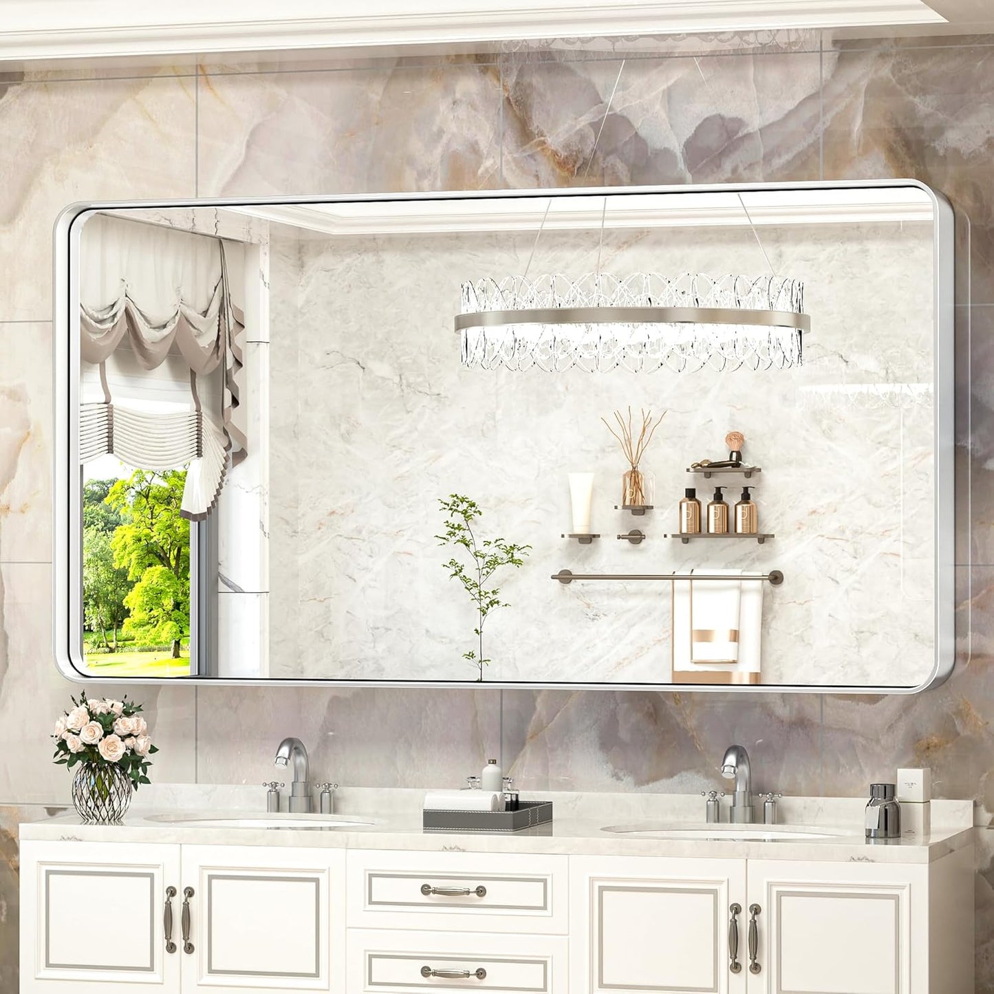TokeShimi 60 x 28 Inch Wall Mirror for Bathroom Brushed Silver Metal Frame Decorative Rectangular Wall Mounted Home Decor Corner Hangs Farmhouse Mirror (Horizontal/Vertical)