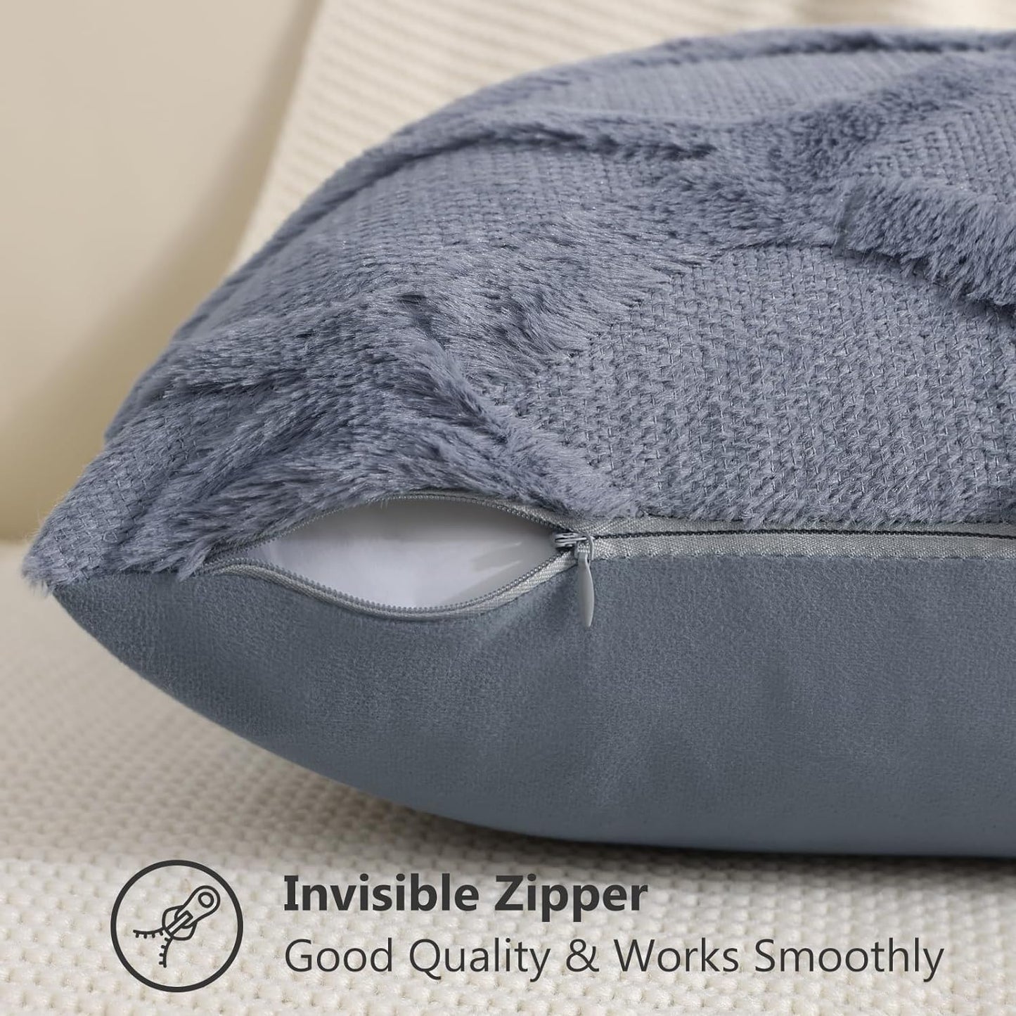 decorUhome Throw Pillow Covers 16x16 Inch Set of 2, Soft Plush Faux Fur Wool Blue Grey Couch Pillow Covers, Decorative Neutral Pillow Cases for Bed Sofa Living Room Home Decor
