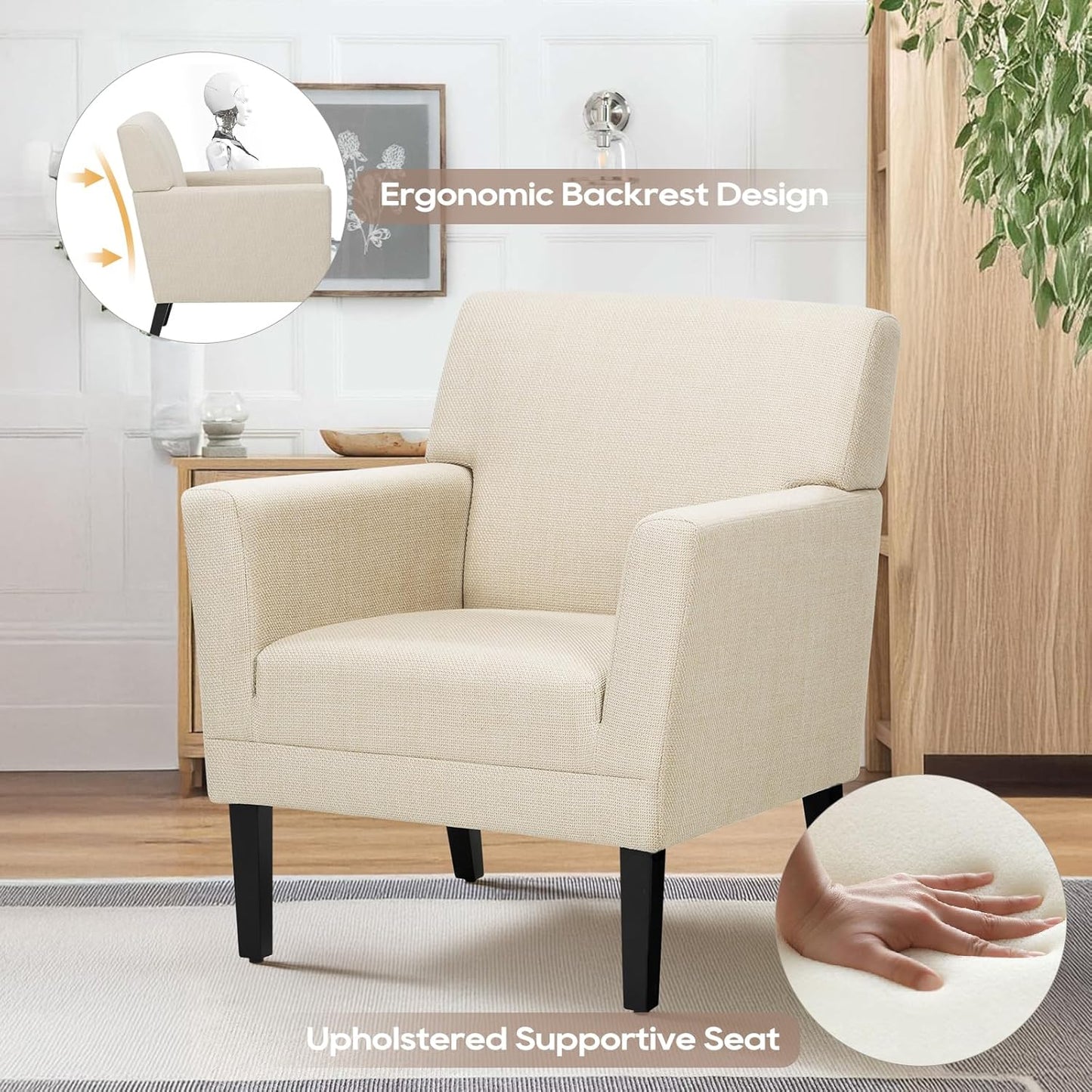 COLAMY Modern Accent Chair for Living Room, Upholstered Fabric Accent Armchair with Back, Soft Single Sofa Chair with Arms for Bedroom/Office/Reception Room, Oatmeal