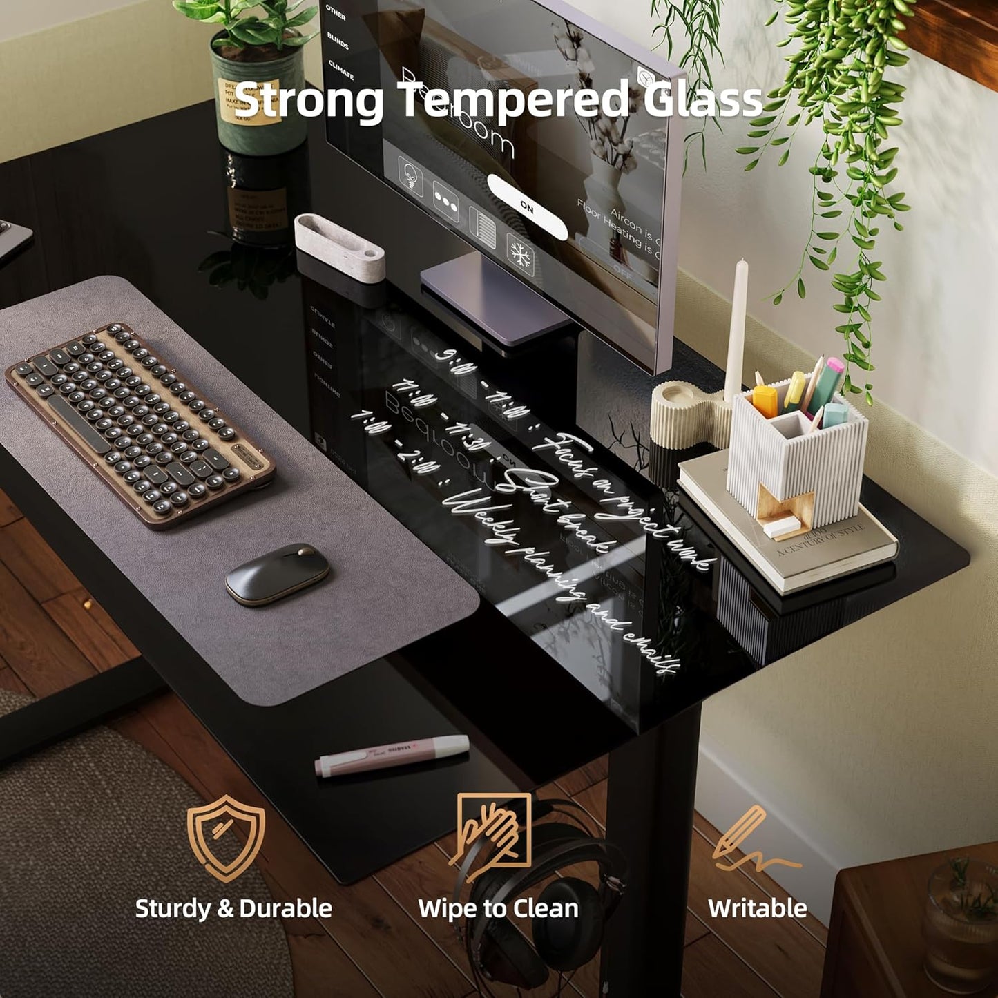 INNOVAR Glass Standing Desk with Drawers, 55×27.6 Inch Adjustable Stand Up Desk Quick Install Home Office Computer Desk, Black