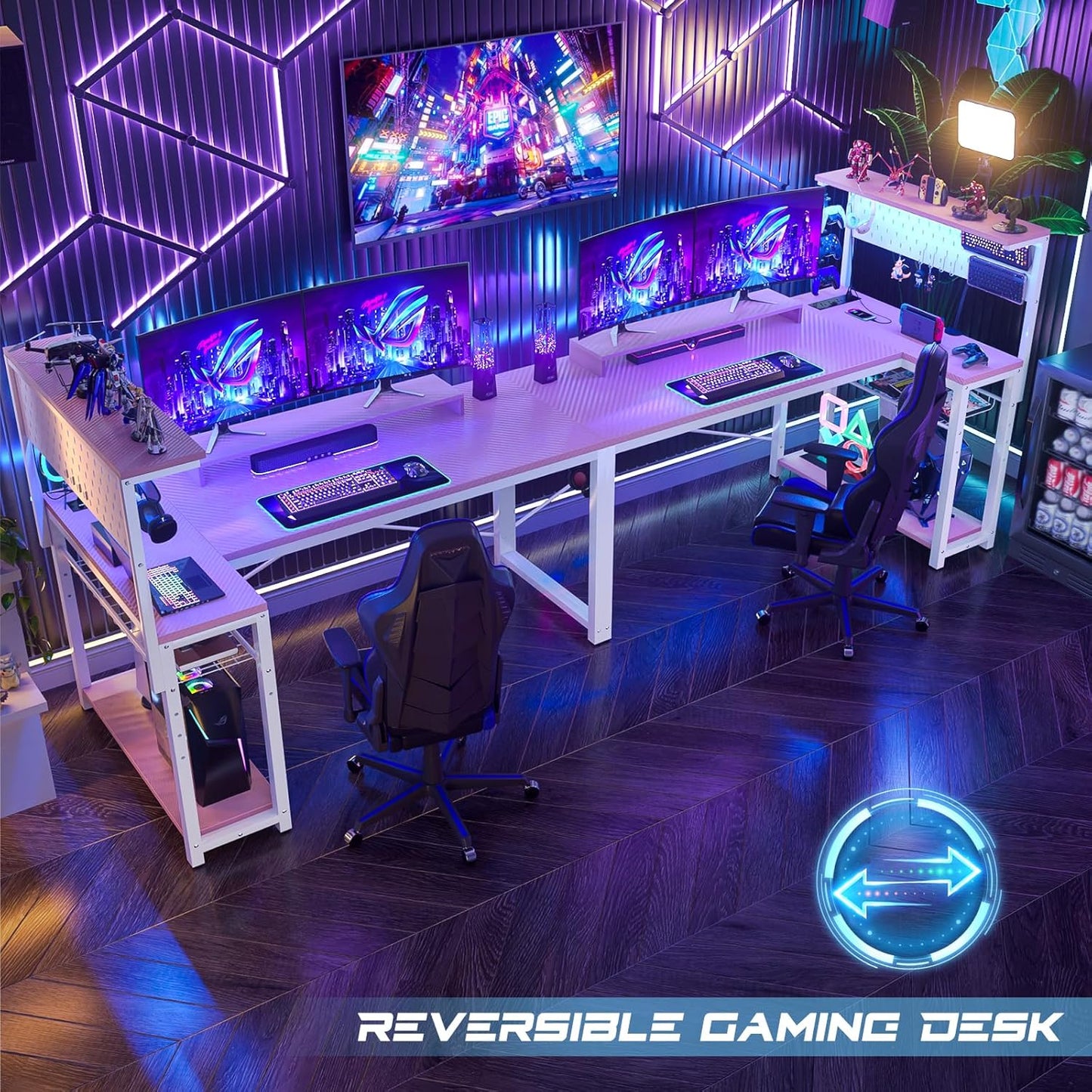 Homieasy Small Gaming Desk with Power Outlets Pegboard LED Light, 51 Inch L Shaped Computer Desk with Monitor Stand Storage Shelves, Reversible Corner Desk with Headset Hooks, Carbon Pink