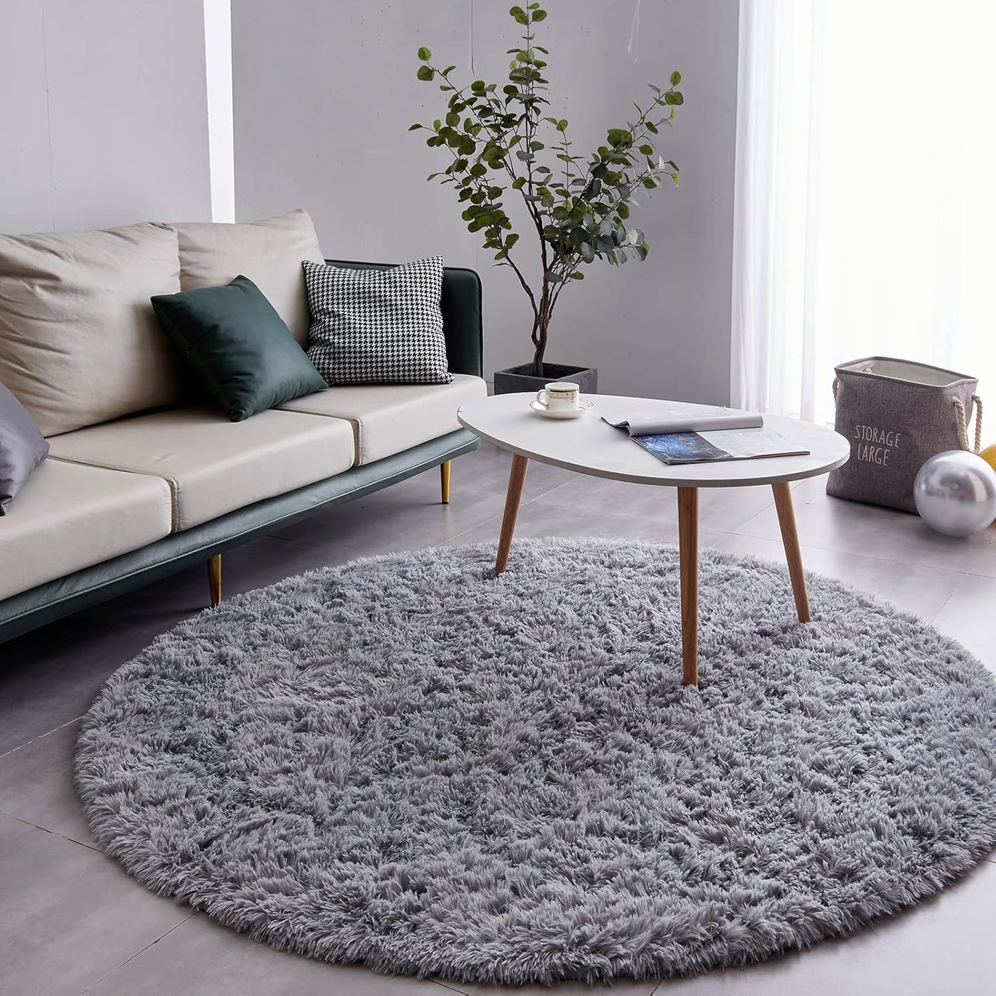 FJZFING Grey Round Rug Ultra-Soft Plush Modern 6x6 Circle Area Rug for Kid's Bedroom, Fluffy Shag Circular Rug for Nursery Room, Non-Slip Home Decor Cute Grey Carpet for Teen's Room