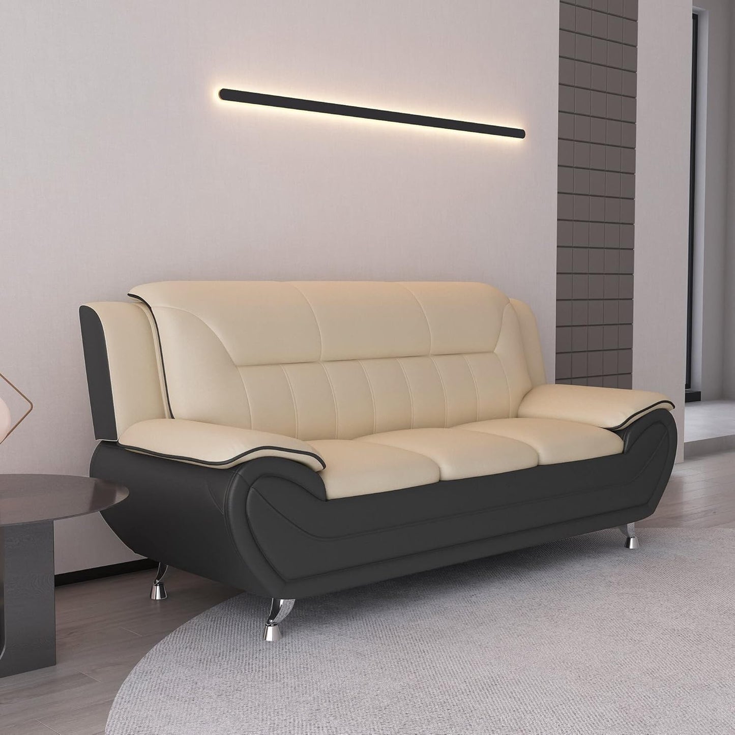 Container Furniture Direct Michael Modern Faux Leather Upholstered Stainless Steel Legs Living Room Sofa, Chair, Camel/Black