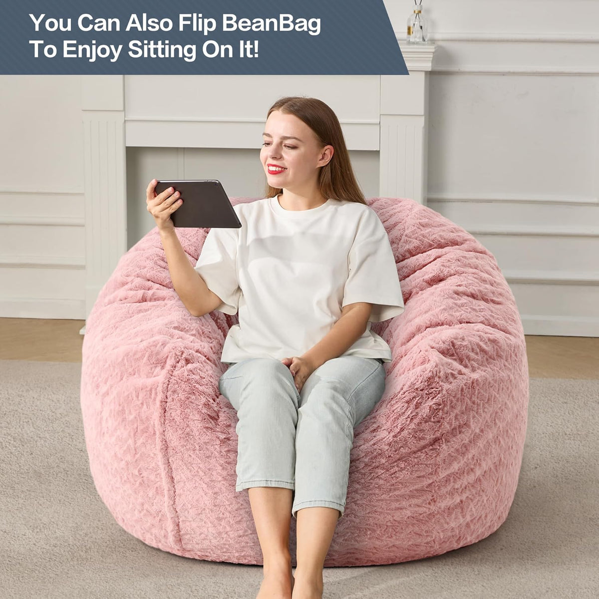 3ft Bean Bag Chairs for Adults Large Beanbag Chair with Chevron Plush Fur Cover Big Bean Bag Chair for Living Room Bedroom Dorm (Pink)