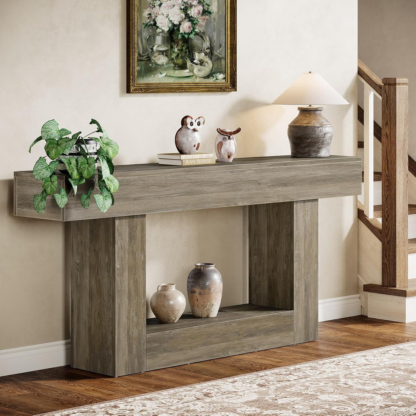 Tribesigns 63" Console Table, Farmhouse 2-Tier Entryway Table with U-Shaped Base, Narrow Long Wood Sofa Table Behind Couch Table for Living Room, Hallway, Foyer, Light Gray