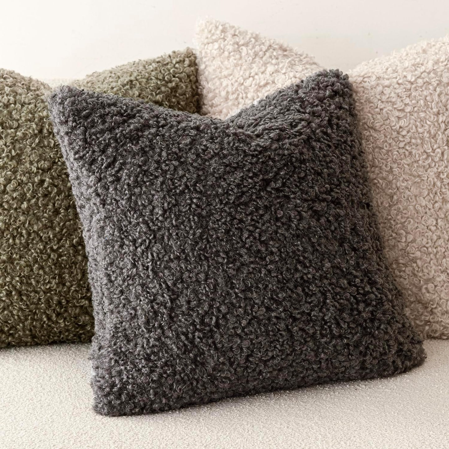 Foindtower Set of 2 Curly Teddy Wool Pillow Covers Decorative Boucle Textured Lumbar Throw Pillow Faux Fur Sherpa Pillowcases Sheepskin Fuzzy Cushion Case for Sofa Bedroom Car 12"x20" Dark Gray