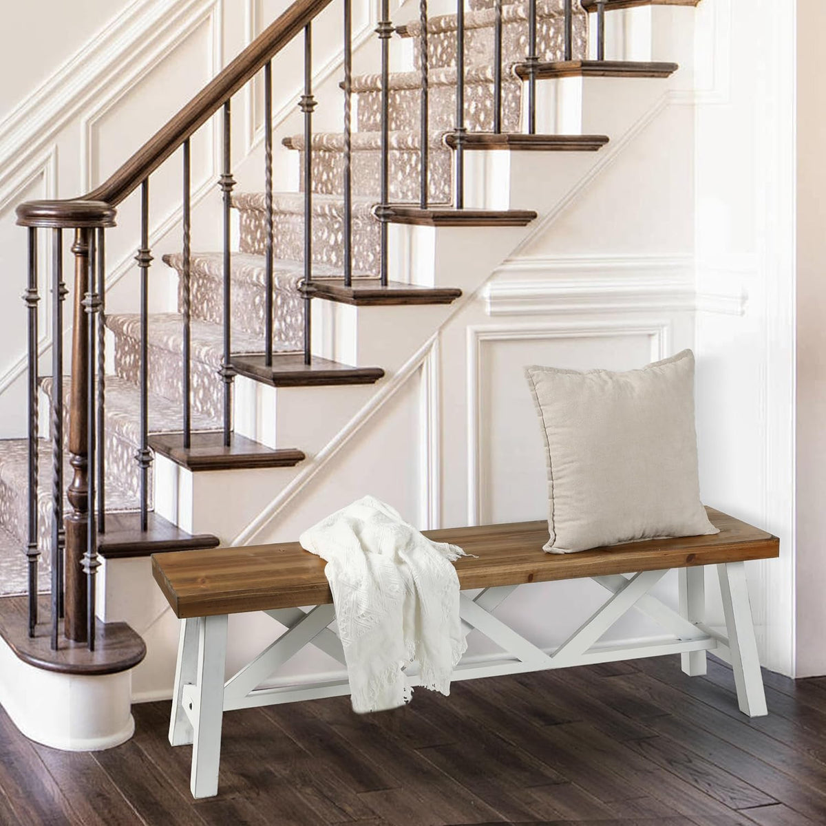 Wnutrees 54" Farmhouse Wood Bench, Rustic Solid Wood Entryway Bench Seat with Double X-Structure for Dining Room, Living Room, Hallway, Structural Stability, White