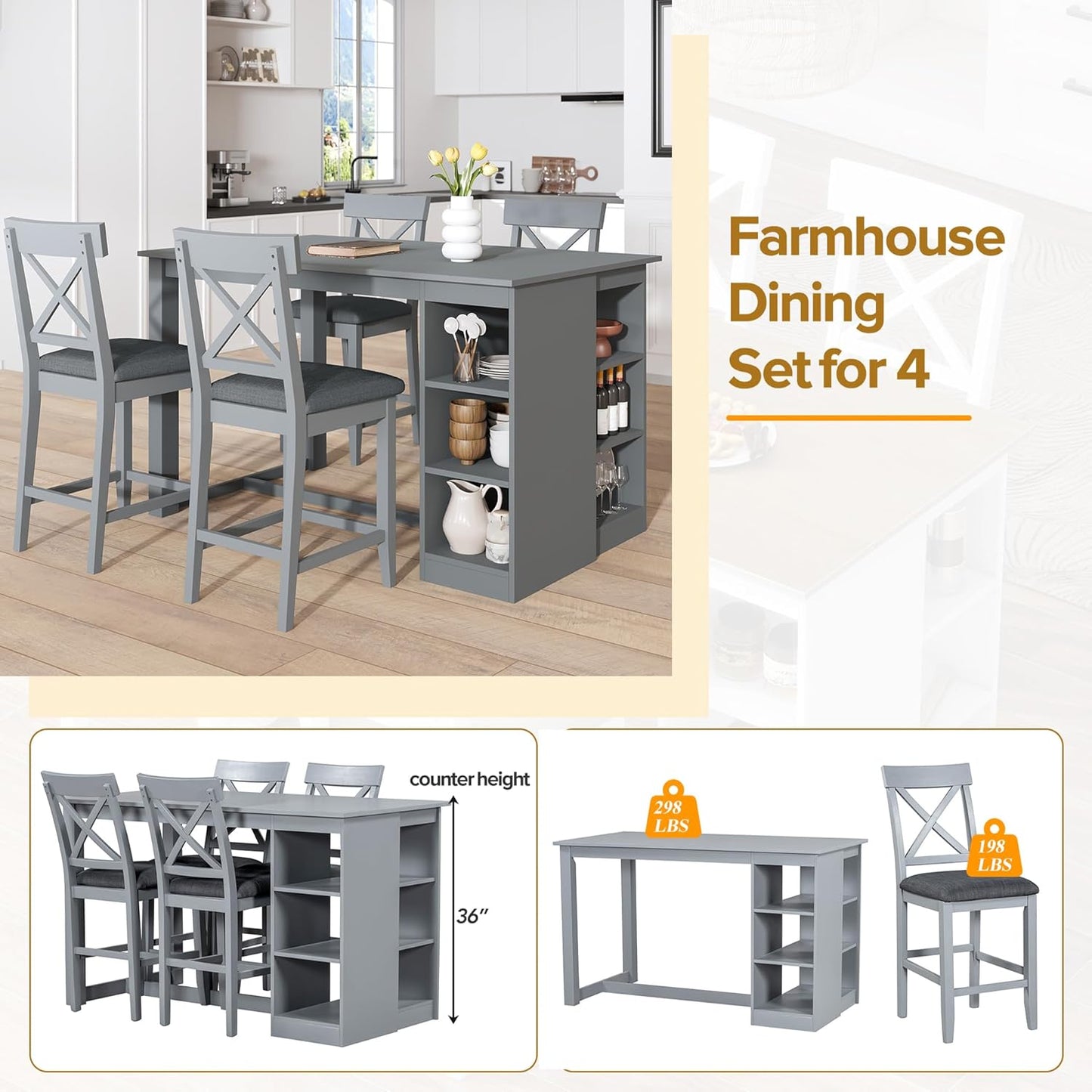 Merax 5 Piece Solid Wood Farmhouse Counter Height Dining Table Set with 3-Tier Storage Shelves,and 4 Upholstered Dining Chairs,Gray