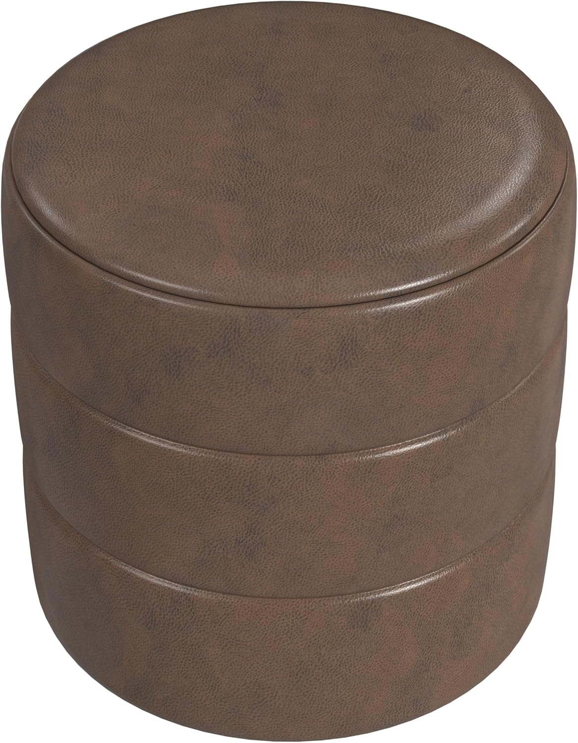 HomePop Upholstered Faux Leather Round Ottoman (No Lid, Seat Only) Home Décor | Round Pouf Foot Rest – Brown Faux Leather