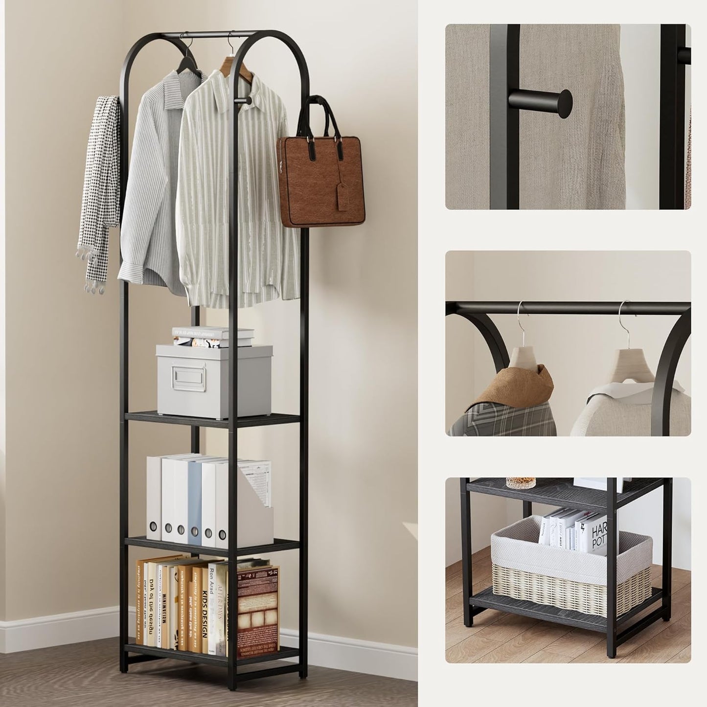 Garment Rack, Coat Rack With 3 Shelves and 4 Hooks, 71" H Clothes Stand For Hanging Clothes, Hanging Rod For for Bedroom, Hallway, Entryway, Office, Living Room, Black