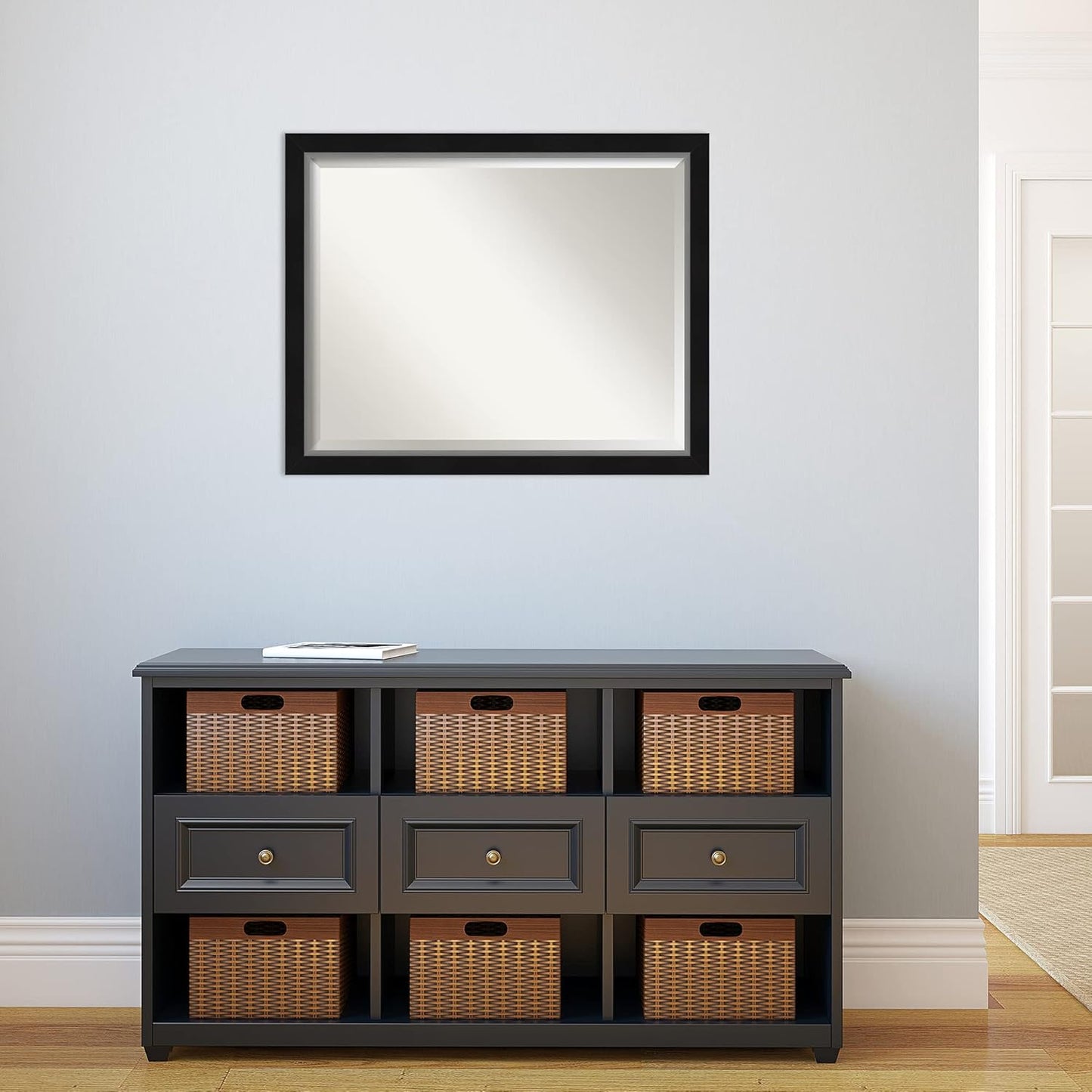 Amanti Art Black Bathroom Mirror for Over Sink, 25x31 Eva Black Silver Narrow Rectangle Vanity Mirror, Large Modern Contemporary Frame, Hangs Horizonally and Vertically, Bathroom Wall Decor, Beveled