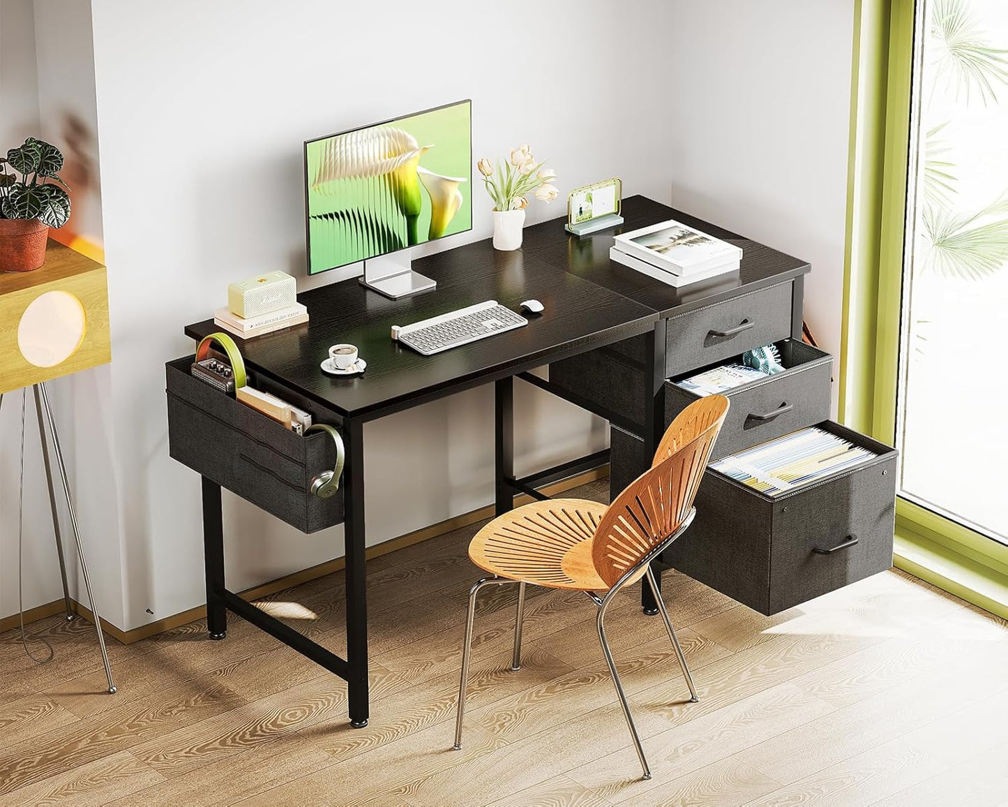 Casaottima 40" Small Computer Home Office Desk for Bedroom with Fabric Drawers & File Cabinet, Cloth Storage Bag and Hook, Writing Study Work Table for Small Space, Black