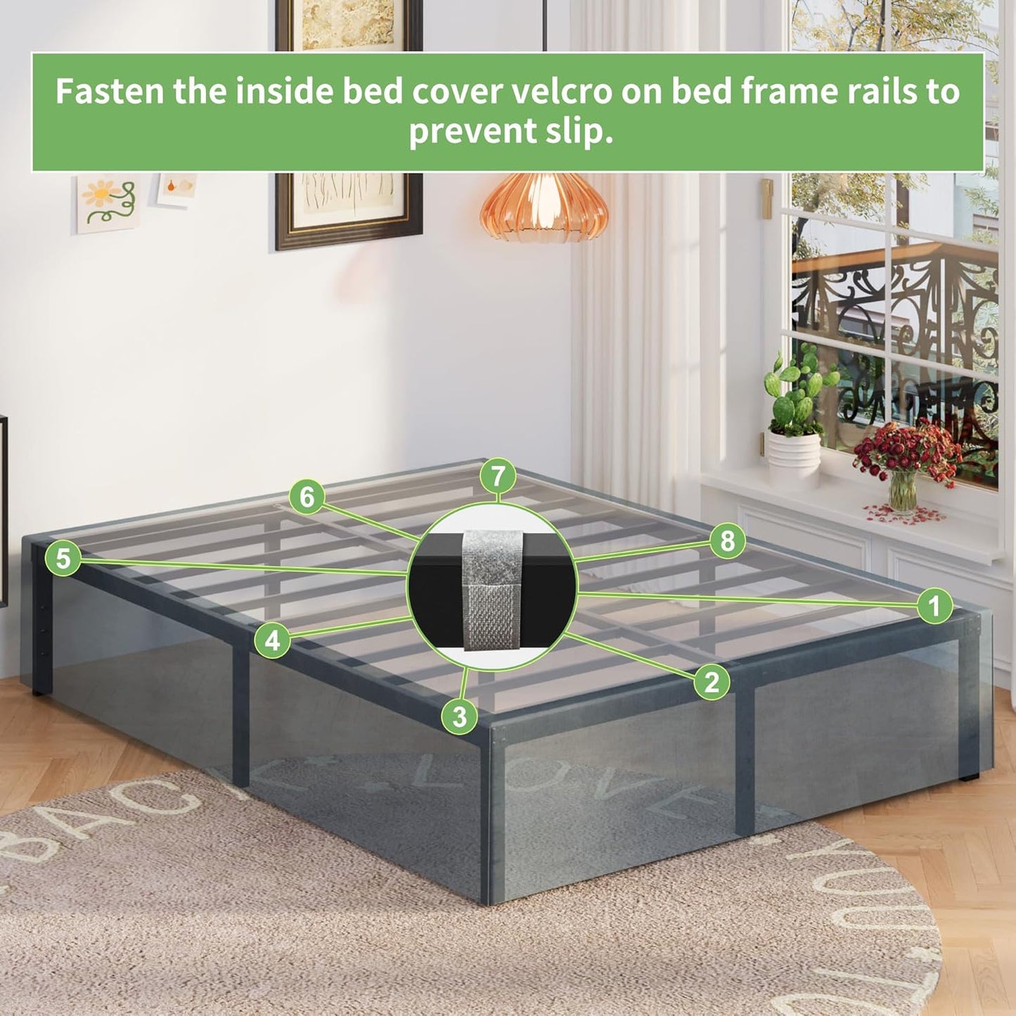 16 Inch Bed Frame Queen Size with Fabric Cover, Metal Platform Queen Bed Frame with Storage No Box Spring Needed, Heavy Duty Non-Slip, Easy Assembly Mattress Foundation