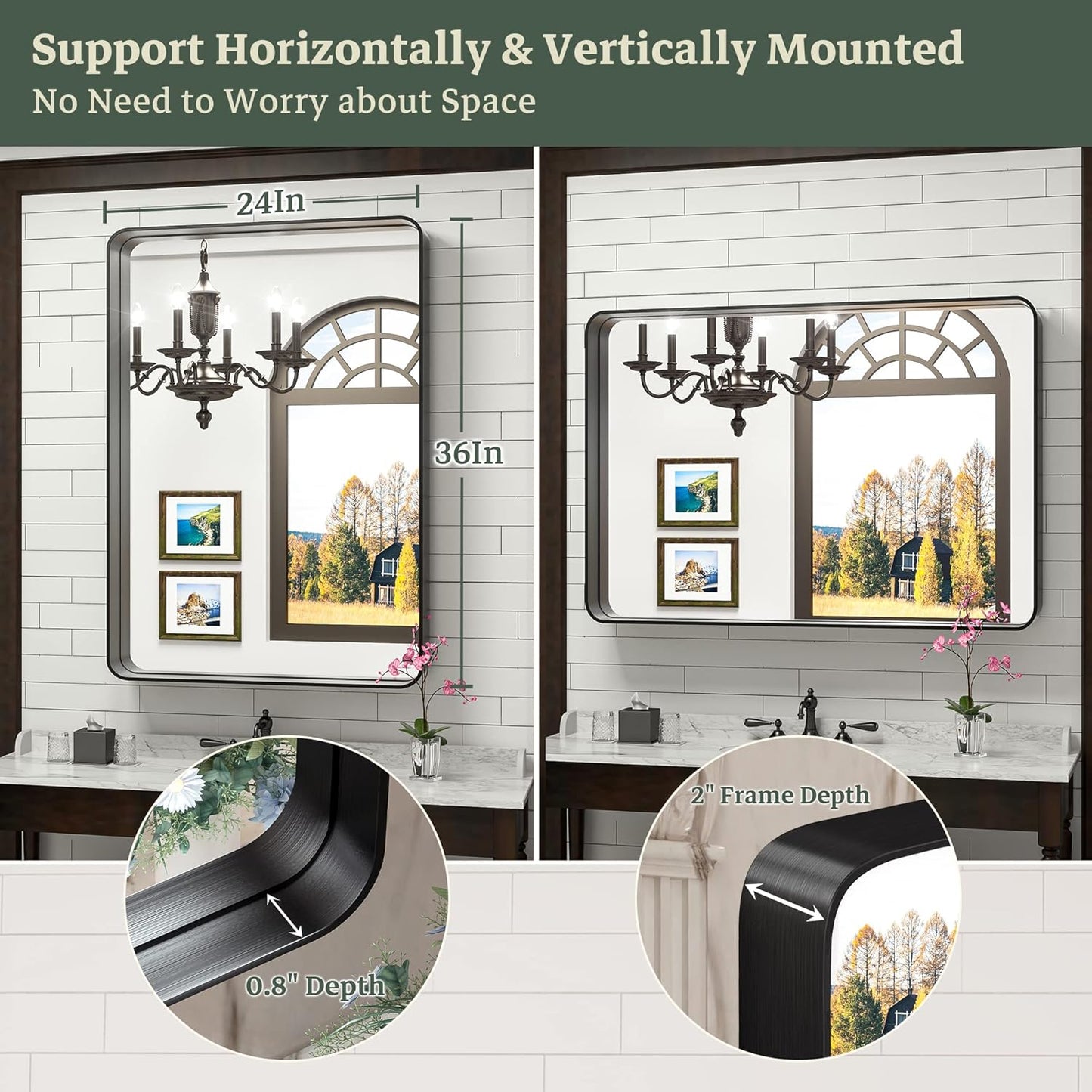 TokeShimi 24 x 36 Inch Black Mirror Wall Mirror for Bathroom Black Metal Frame Decorative Rectangular Wall Mounted Home Decor Corner Hangs (Horizontal/Vertical)