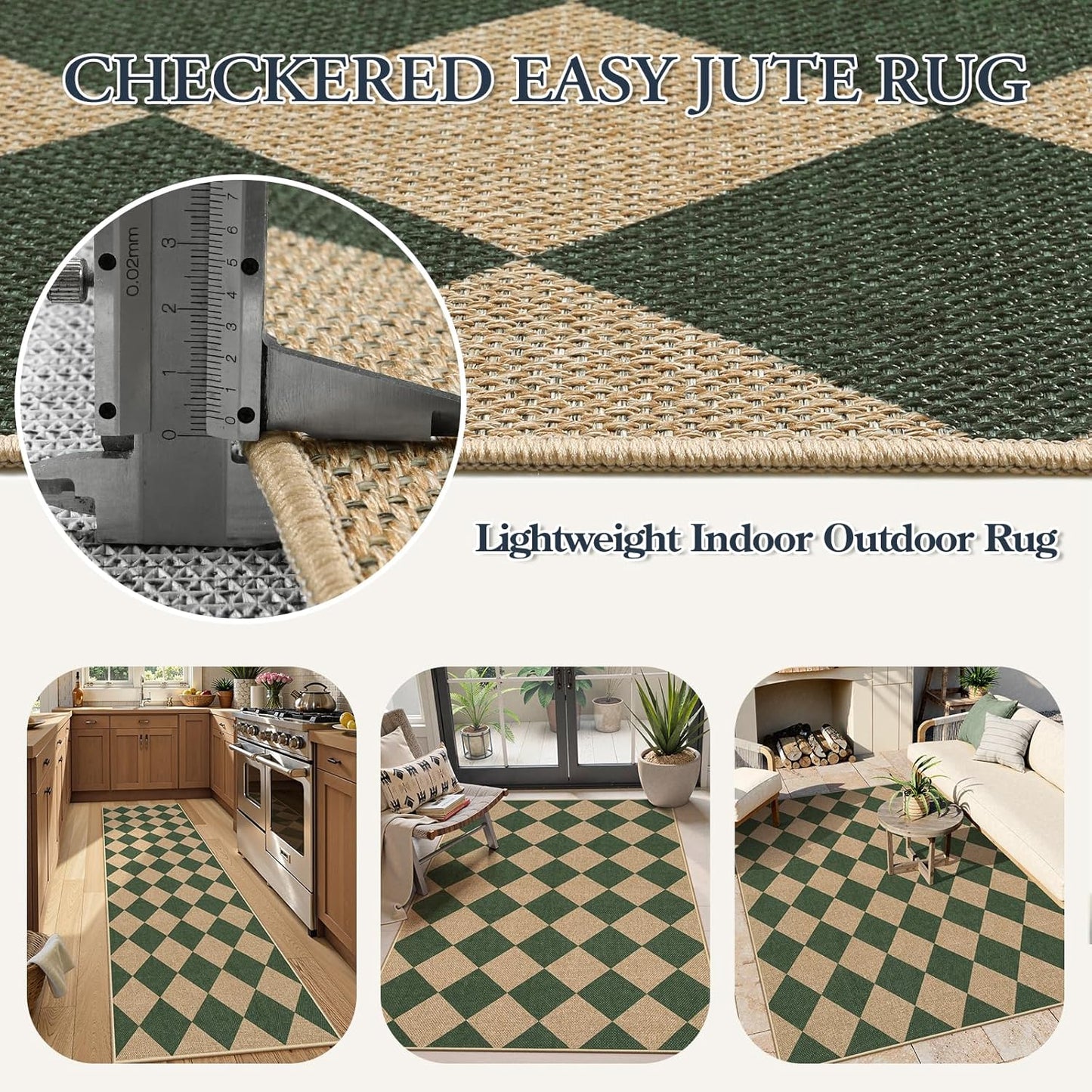 Lahome Checkered Outdoor Patio Easy Jute Rug, 3x5 Dark Green Washable Front Porch Door Rug, Farmhouse Indoor Outdoor Carpet Non Slip Non Shedding Carpet for Entryway Living Room Deck