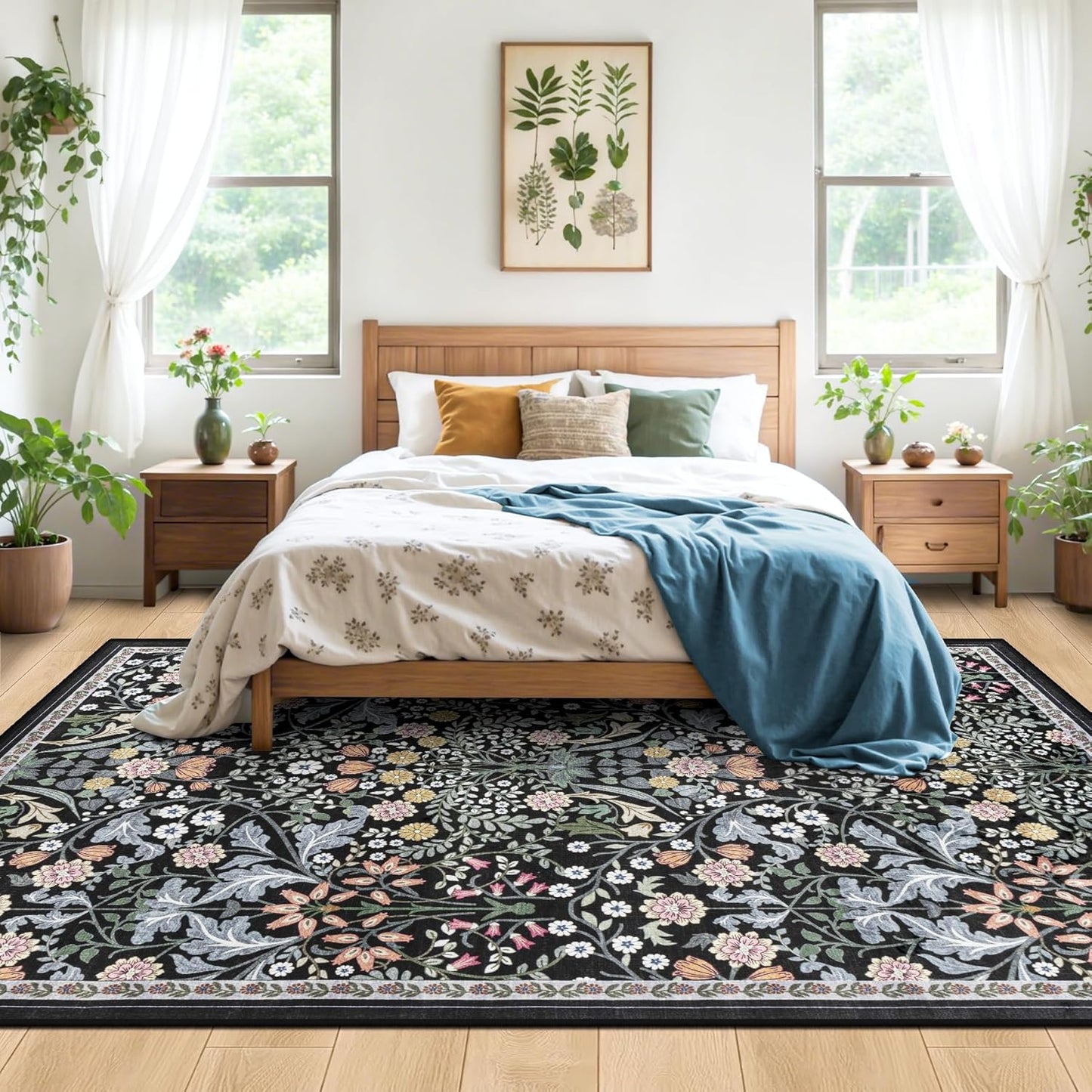 10x14 Area Rugs for Living Room: Floral Washable Rug Vintage Large Soft Boho Non-Slip Carpet Indoor Stain Resistant Low Pile Carpets for Bedroom Dining Room Farmhouse Nursery Home Office Dark Black