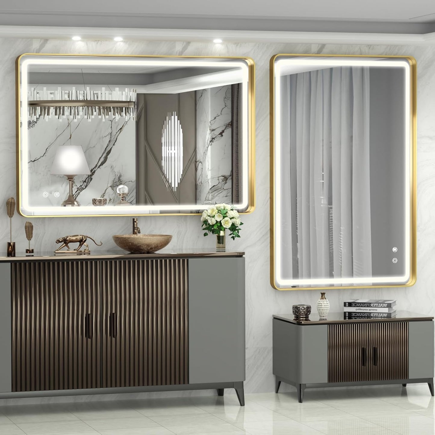 Hasipu 40×30 Inch LED Bathroom Mirror with Lights, Gold Metal Framed Bathroom Light Mirror for Vanity Anti-Fog, Dimmable, 3 Colors (Horizontal/Vertical)