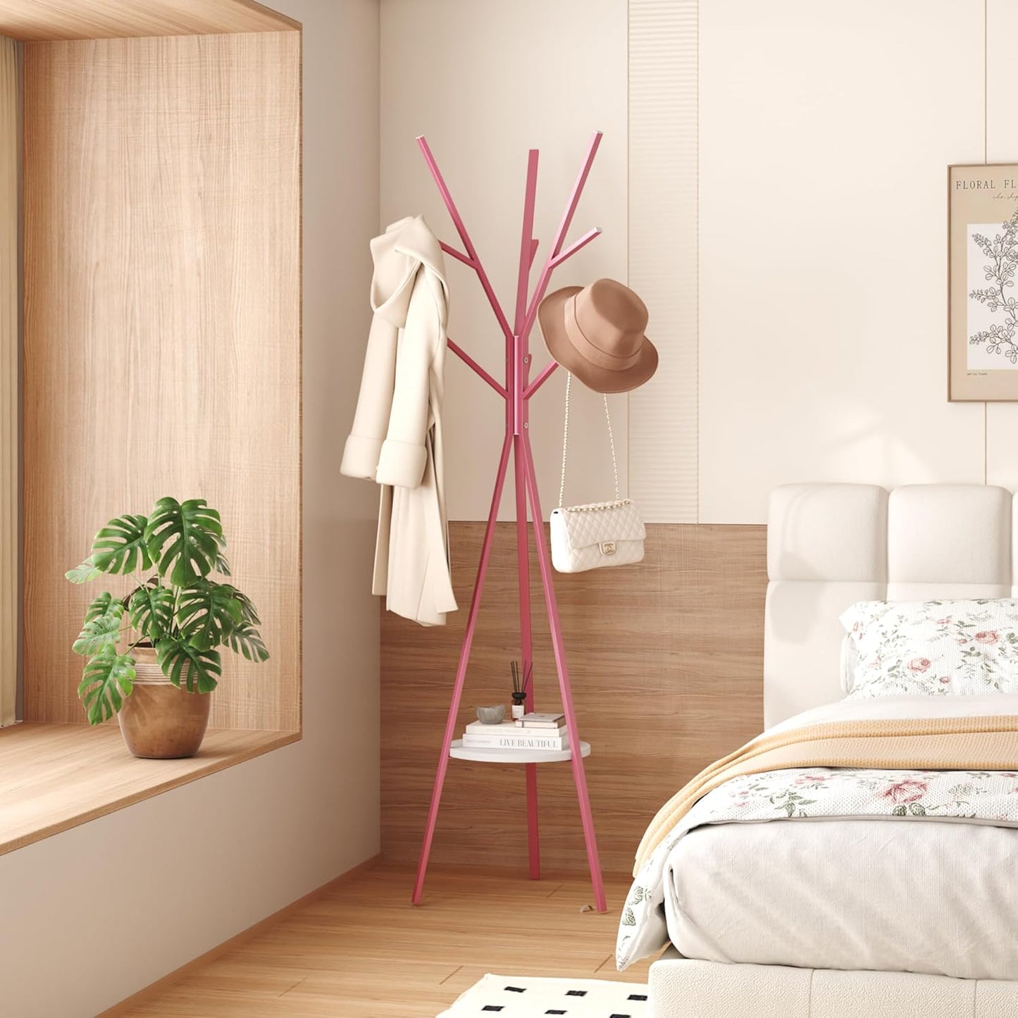 Coat Rack Hat Stand Free Standing Display Hall Tree Metal Hat Hanger Garment Storage Holder with 9 Hooks for Clothes Hats and Scarves (Pink)