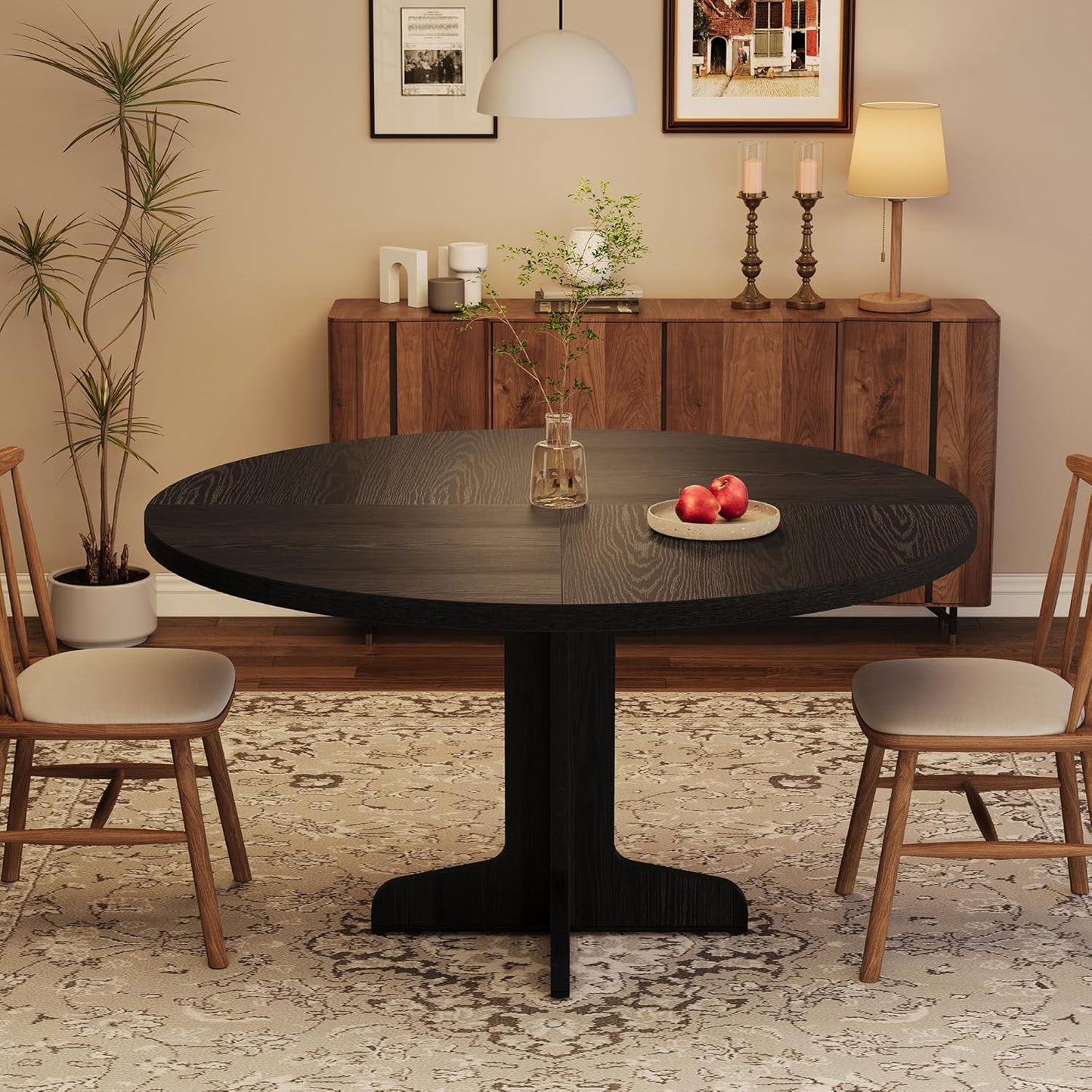 Garvee 47 Inch Round Dining Table for 4, Farmhouse Kitchen Dining Room Circle Dinner Table, Kitchen Dining Room Furniture, Black (Table Only)