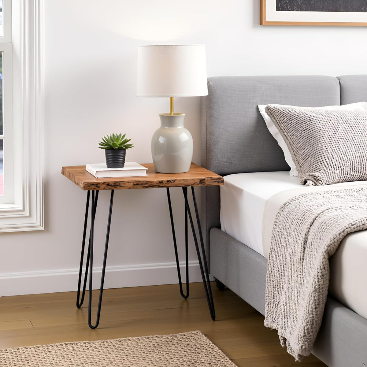 Alaterre Furniture Natural Live Edge End Table - 15” x 20” x 27” Acacia Wood Side Table with Metal Hairpin Legs and Protective Floor Pads - Mid Century Modern Living Room Furniture (Natural)