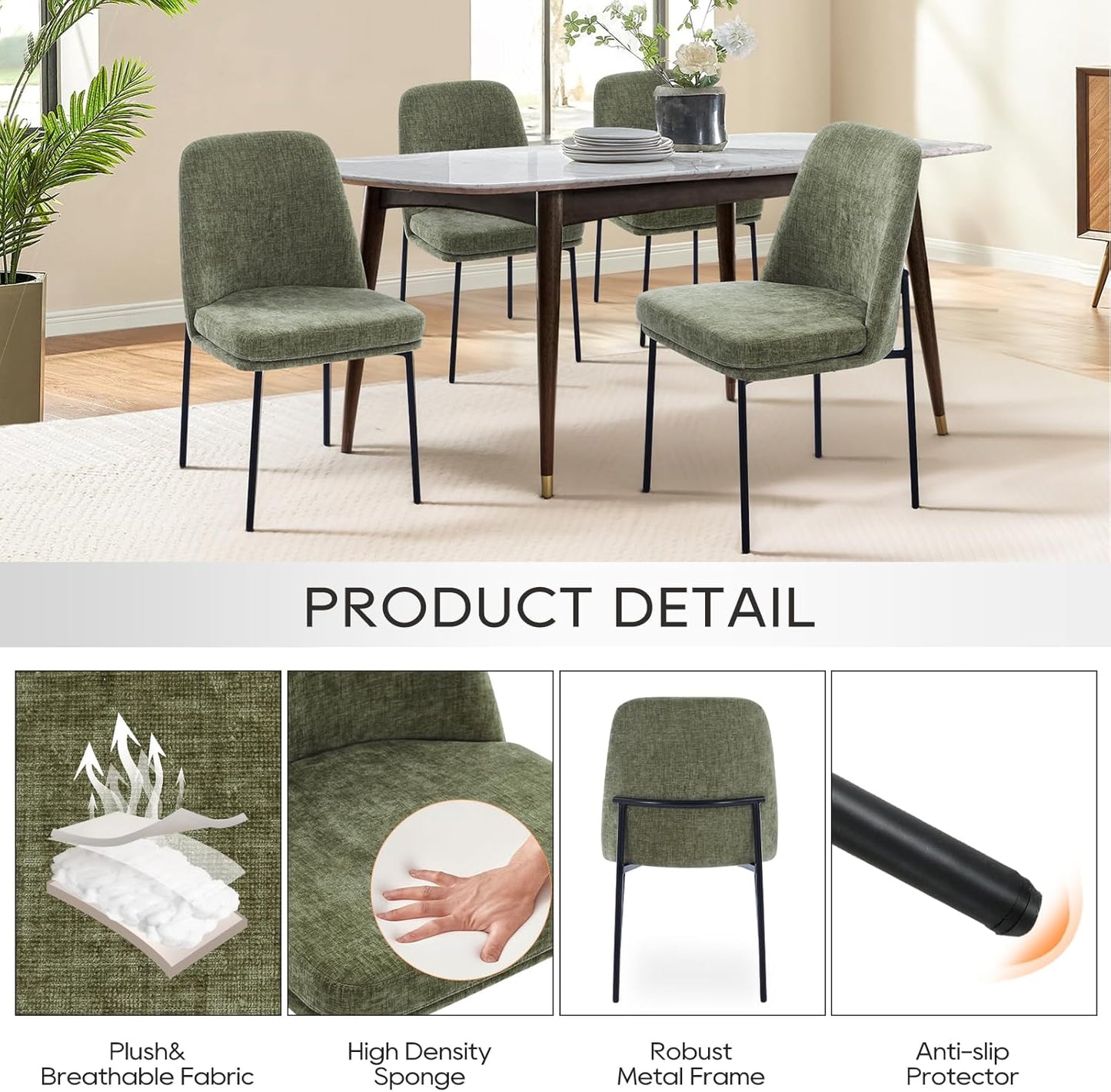 COLAMY Modern Dining Chairs Set of 6, Fabric Upholstered Dining Room Chairs Dinner Chair Stylish Kitchen Chairs with Curved Back and Metal Legs, Green