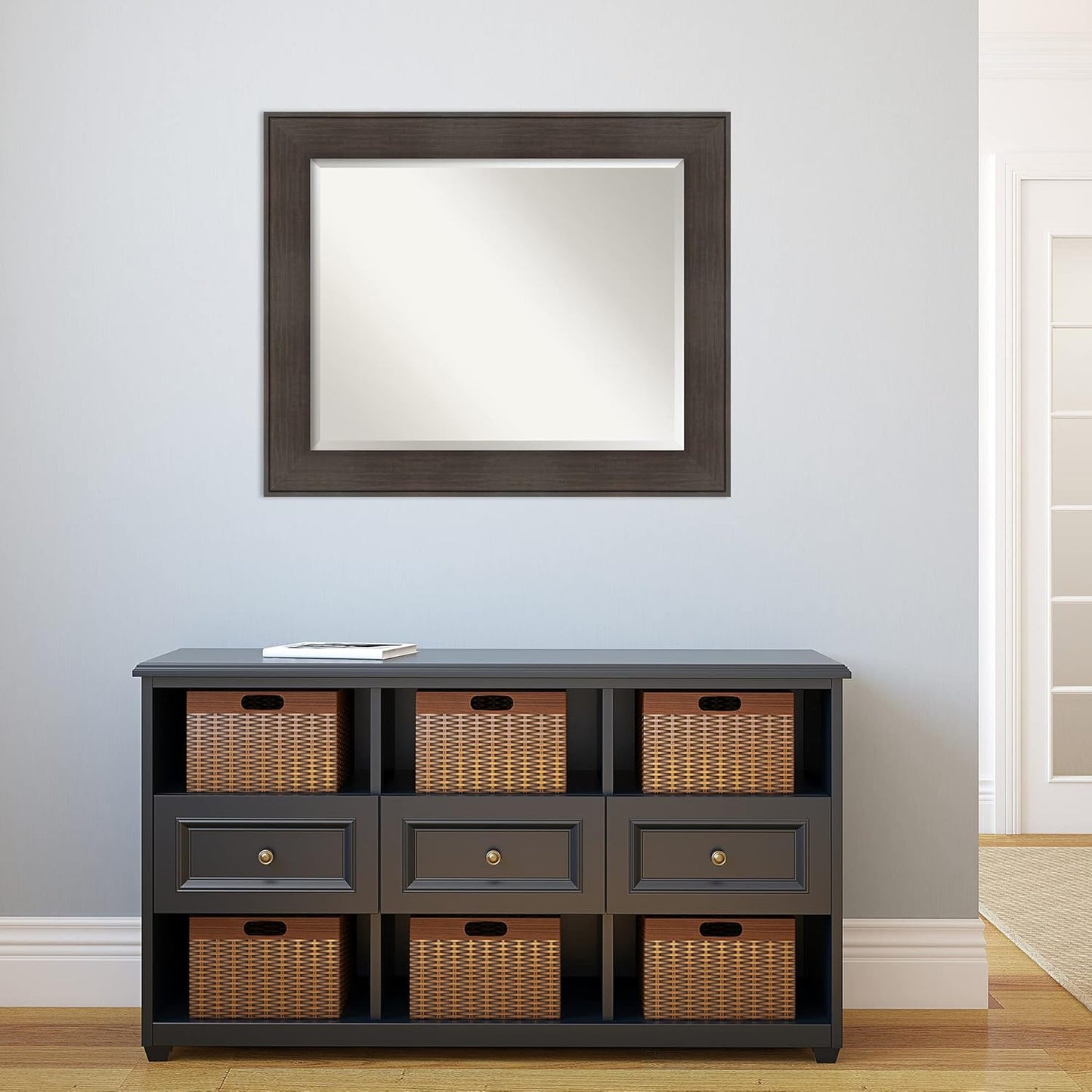 Amanti Art Brown Wall Mirror 28x34 William Rustic Woodgrain Rectangle Bathroom Mirror for Wall Decor Living Room, Large Classic Frame, Hangs Horizonally and Vertically, Bathroom Decor, Beveled Edge