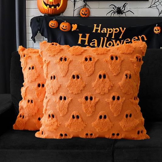 4TH Emotion Halloween Ghost Decorative Pillow Covers 18x18 Set of 2, Orange Soft Plush Faux Fur Farmhouse Throw Cushion Cases for Fall Autumn Holiday Home Decorations