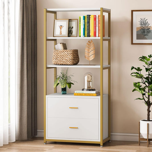 Tribesigns Bookcase, 4-Tier Bookshelf with 2 Drawers, Etagere Standard Book Shelves Display Shelf for Home Office (Gold/White)