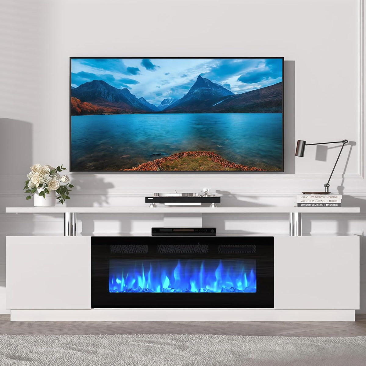 70" Fireplace TV Stand for TVs Up to 80", Entertainment Center with 36inch Fireplace, 12 Flame & LED Colors, 2-Tier TV Console & Storage Cabinet