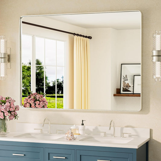 TETOTE 48 x 36 Inch Brushed Nickel Bathroom Mirror Metal Framed Bathroom Mirror, Tempered Glass, Modern Farmhouse Wall Mounted Mirror for Decorative(Horizontal/Vertical)